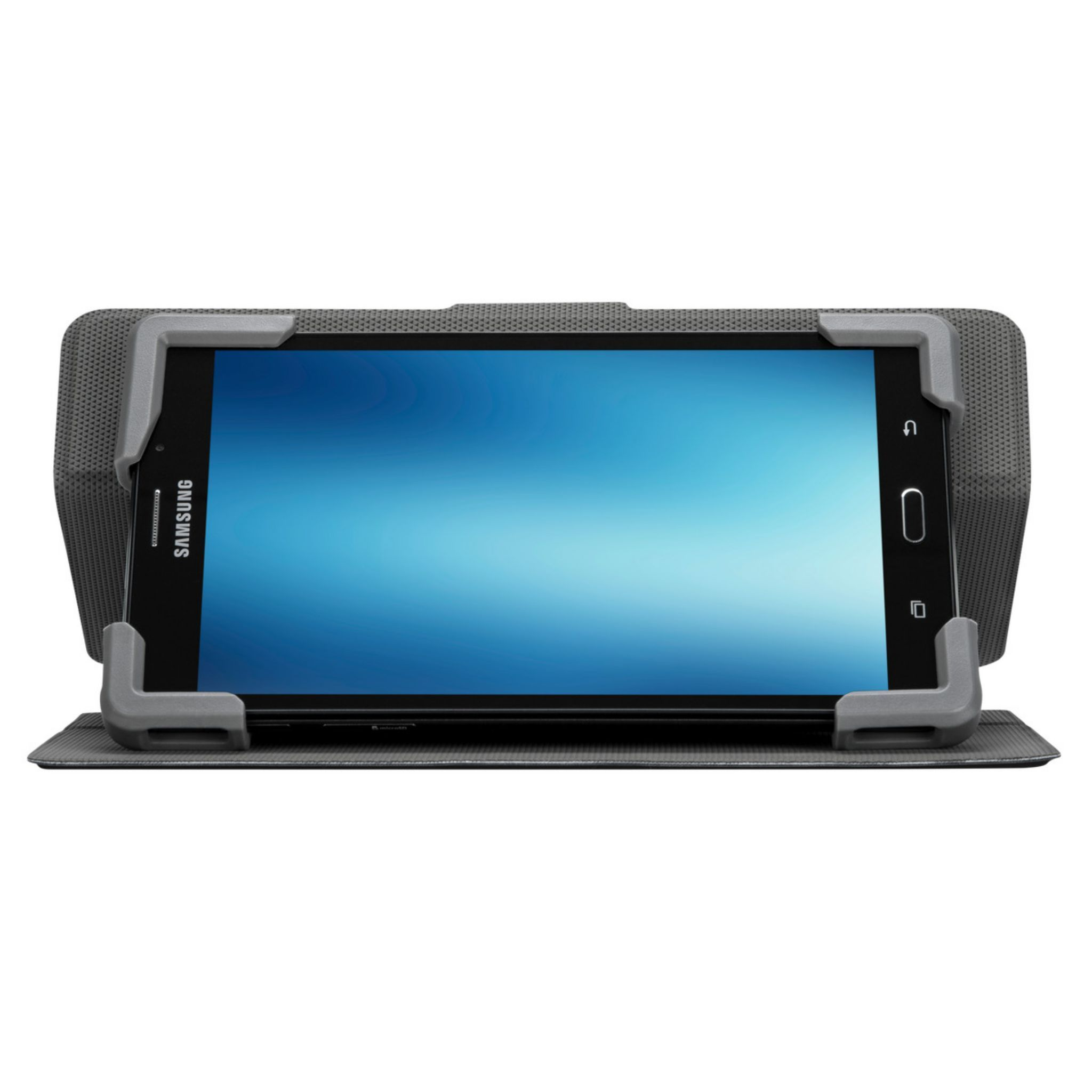 Tablet in grauem Gehäuse, Bildschirm zeigt blaues Bild, auf weißem Hintergrund.