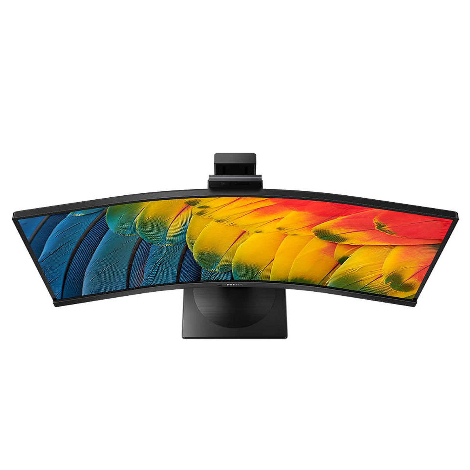 Zakrzywiony monitor, czarny. Ma kamerę internetową na górze, wyświetlającą kolorowy obraz.