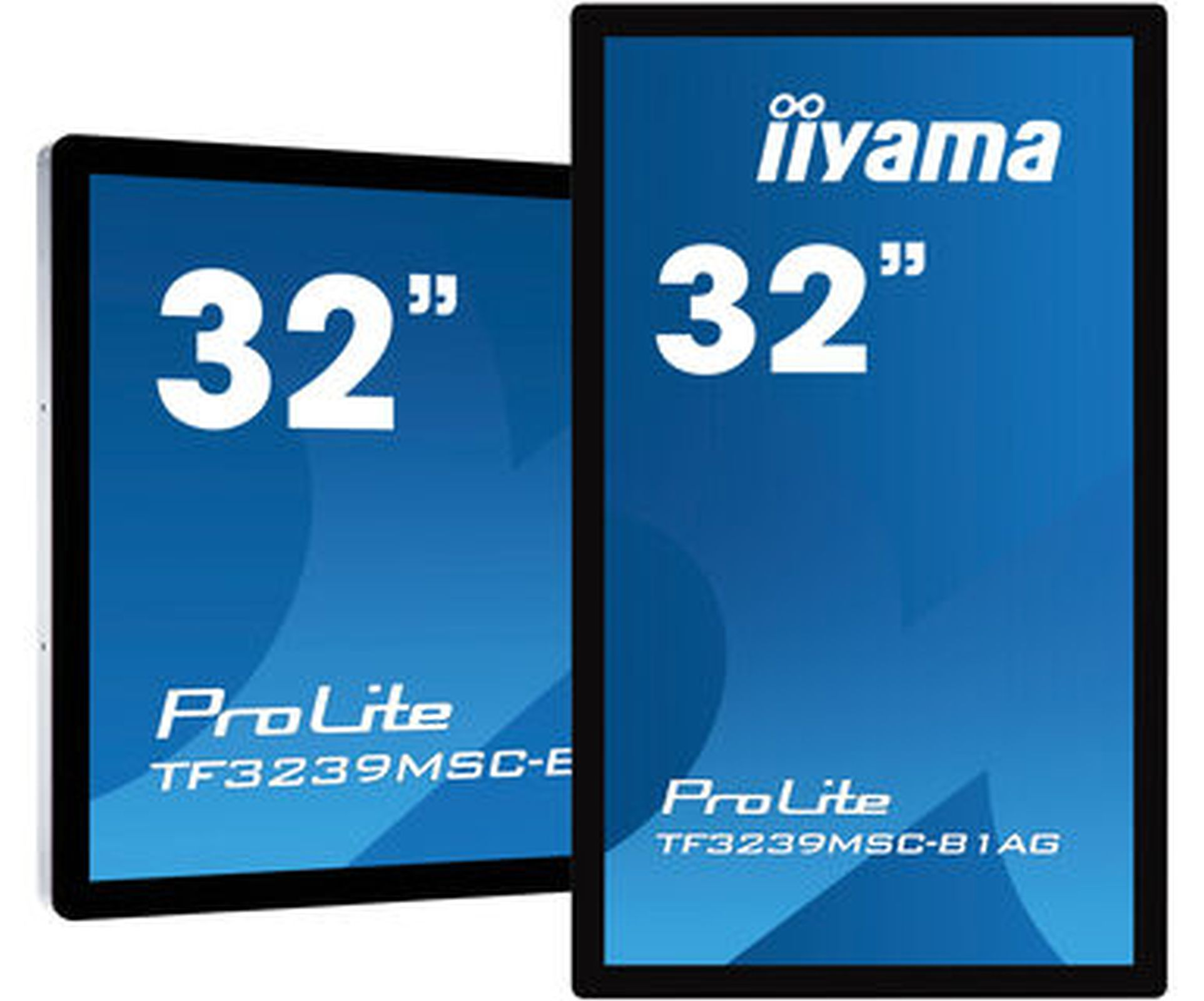 Zwei blaue Bildschirme mit dem Text "32" und dem Markennamen "iiyama".