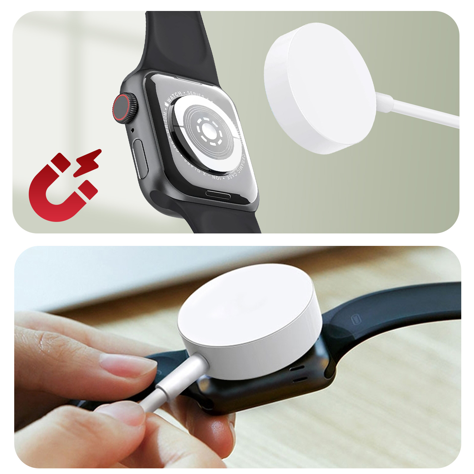 Apple Watch mit Ladegerät. Ein rotes Magnet-Symbol wird gezeigt.