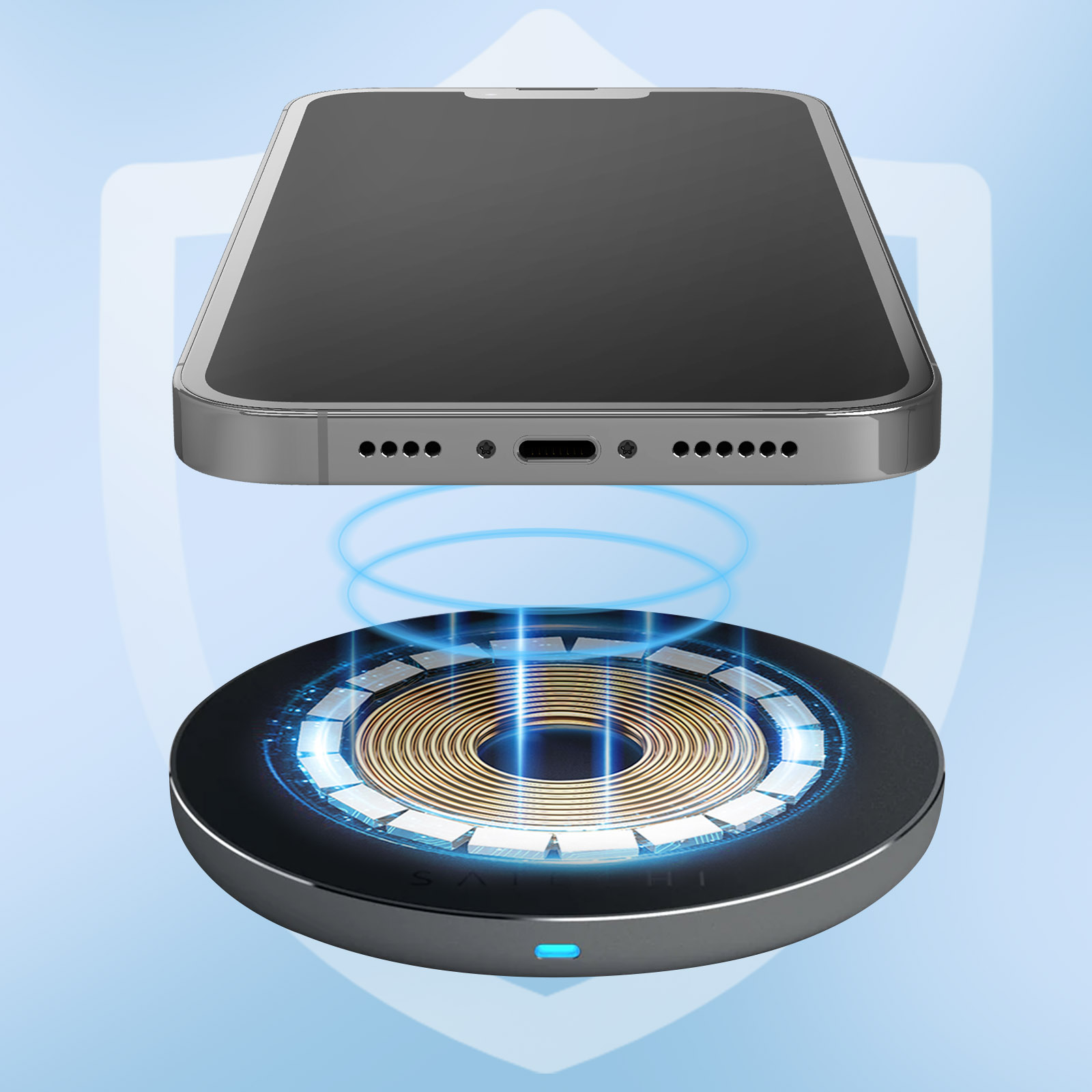 Telefoon boven een draadloze oplader. Telefoon is zwart, oplader is zwart en zilver.