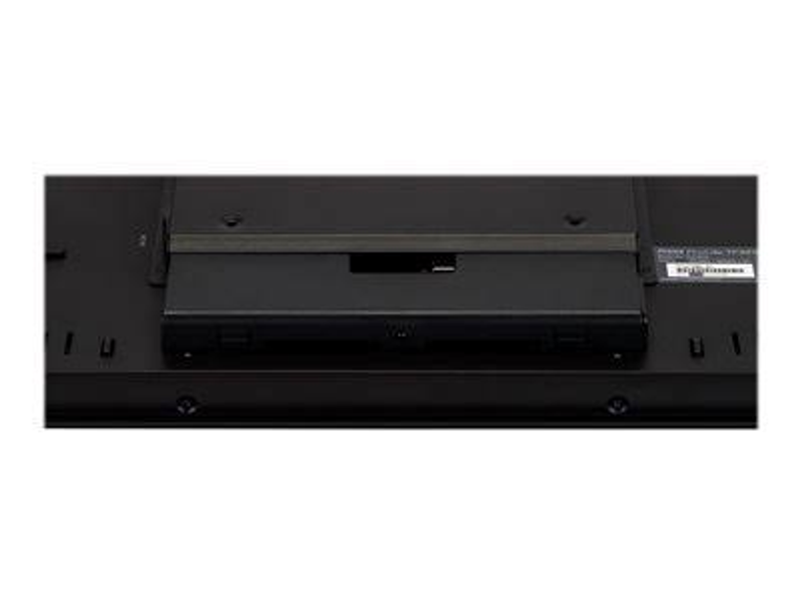 Czarna tylna strona urządzenia ze złączem i śrubami na białym tle.