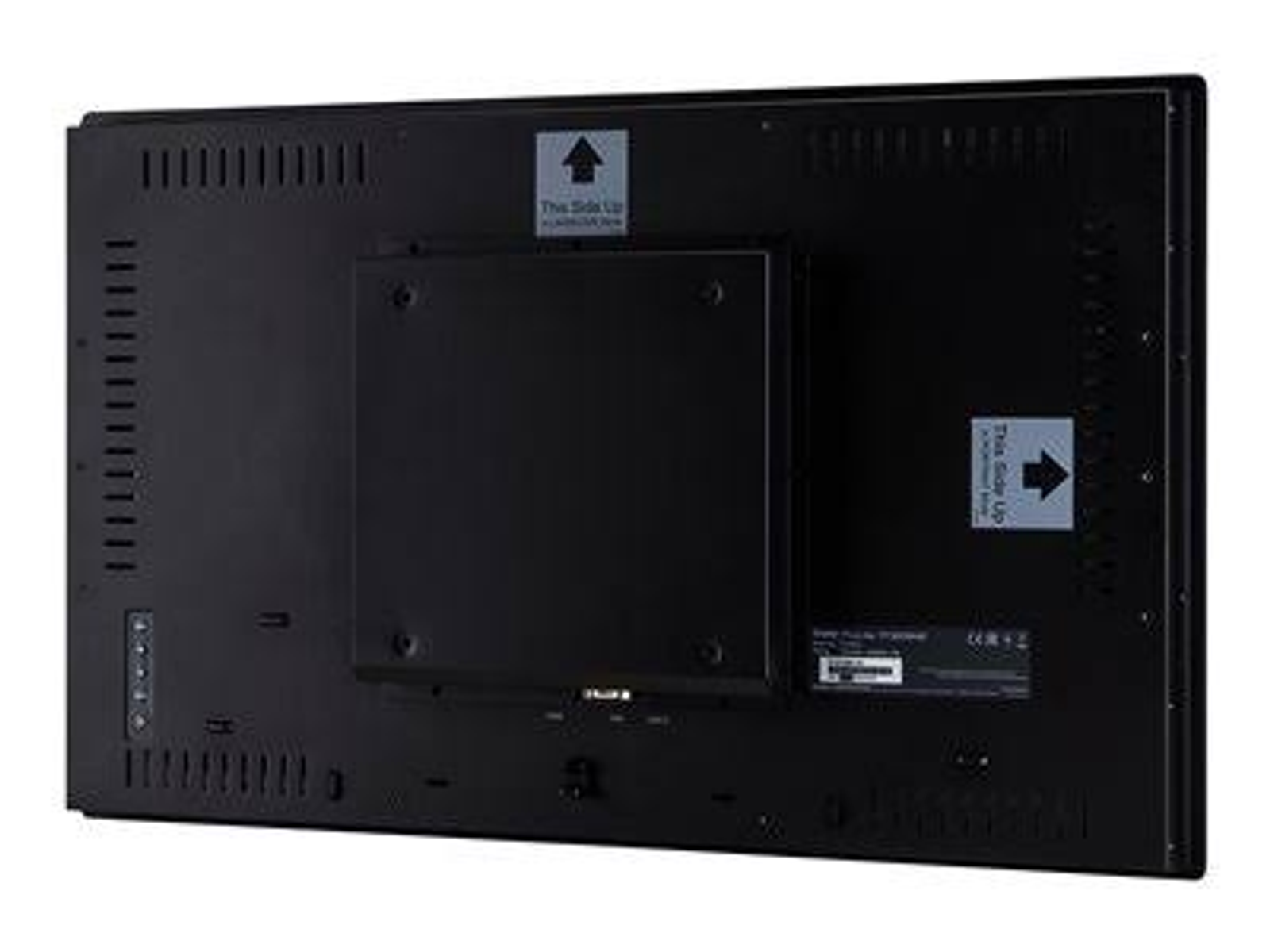 Widok z tyłu czarnego monitora z wentylacją, płytą montażową i etykietami.