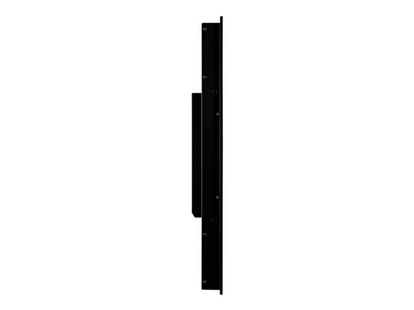 Perfil lateral de monitor negro, con un dispositivo más pequeño adjunto al lado.