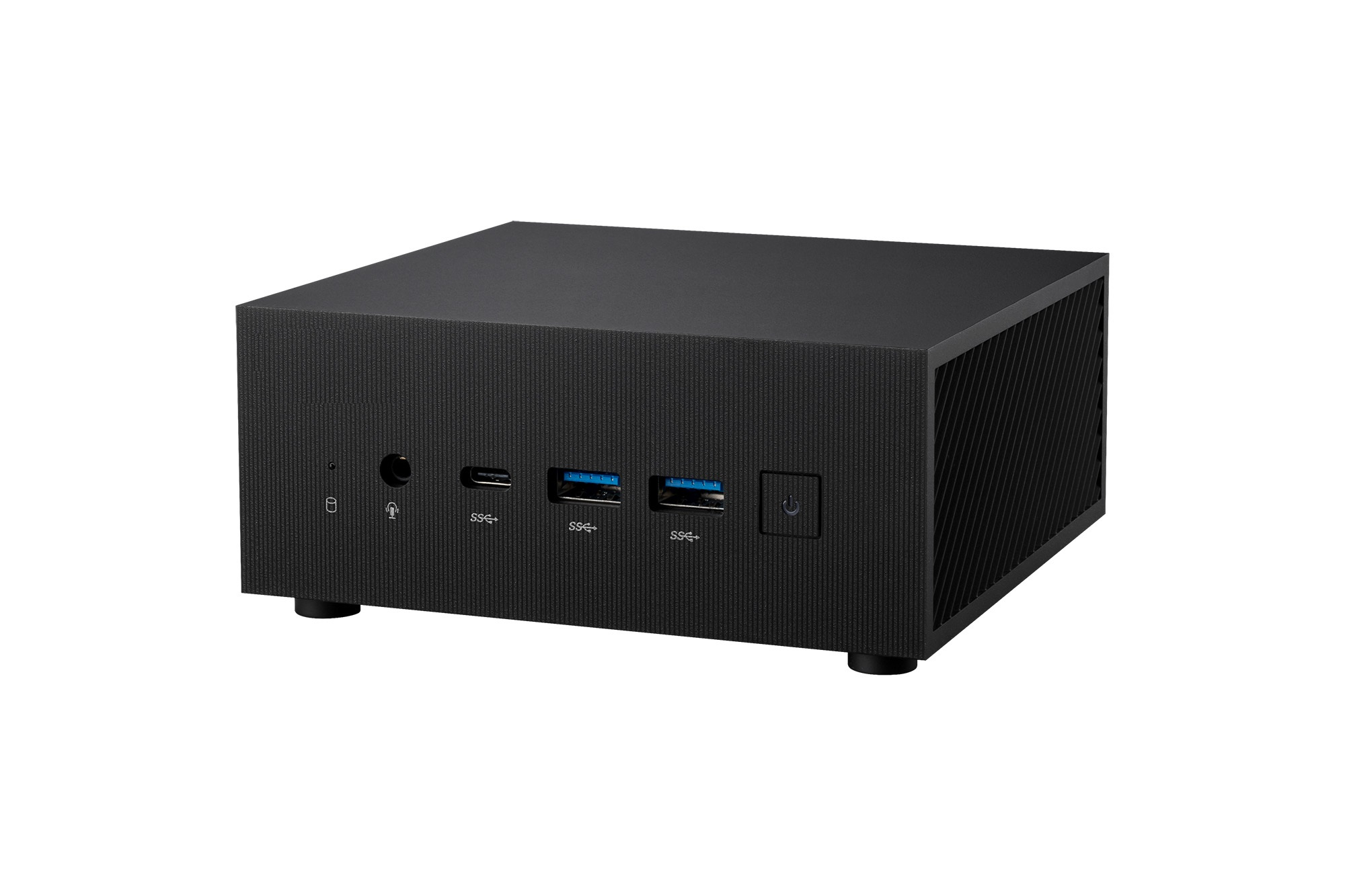 Mini-PC nero con porte. Pulsante di accensione visibile. Superficie nera, sfondo bianco.
