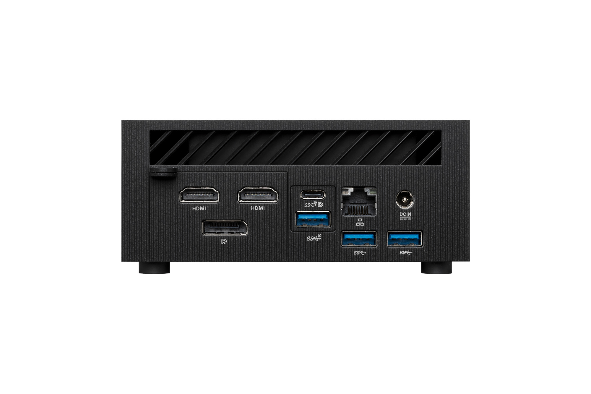 Mini computer nero con più porte visibili. Sono visibili porte HDMI, USB, ethernet e di alimentazione.