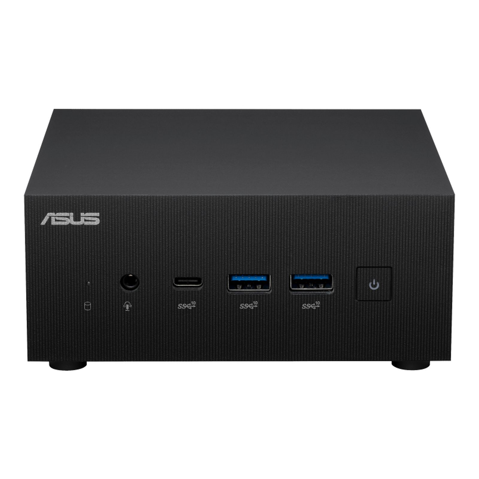 Czarny mini-PC z logo ASUS i portami. Białe tło.