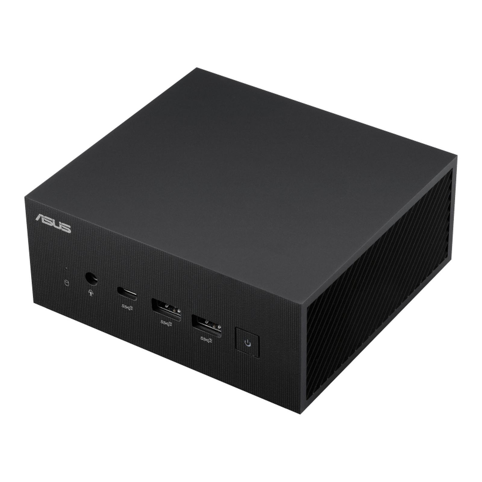 Czarny mini PC ASUS. Widok z przodu pokazujący porty. Czarne tło.