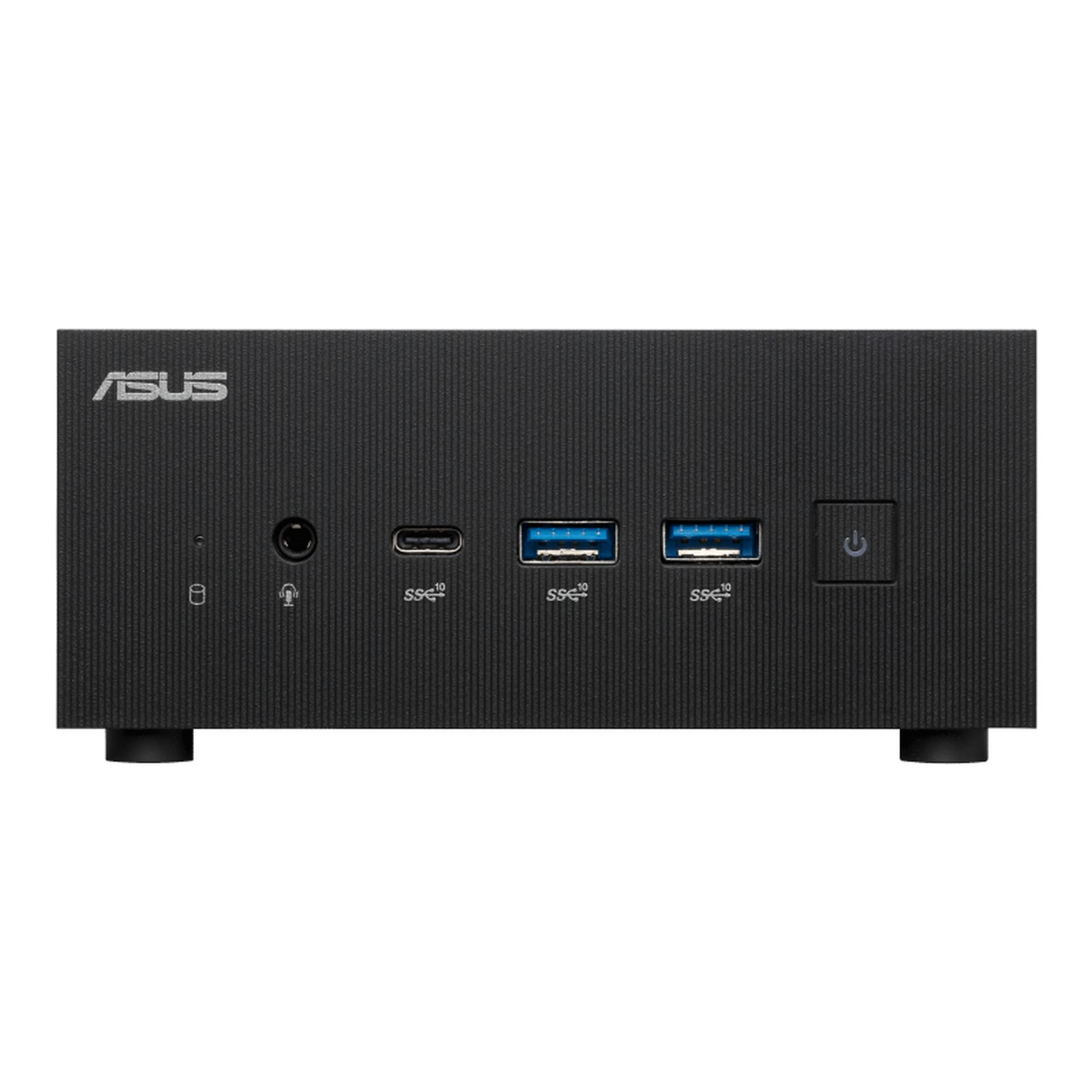 Czarny mini PC ASUS. Ma przycisk zasilania, porty USB, gniazdo audio i inne złącza.