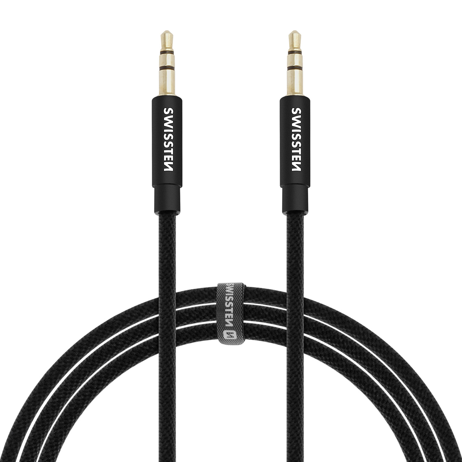 Schwarzes Audiokabel mit Goldsteckern, Aufschrift SWISSTEM.