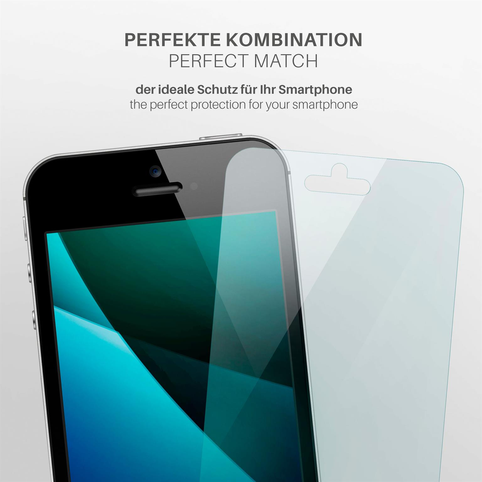 Smartphone mit Displayschutzfolie, Text 'PERFECT MATCH' auf weißem Hintergrund.