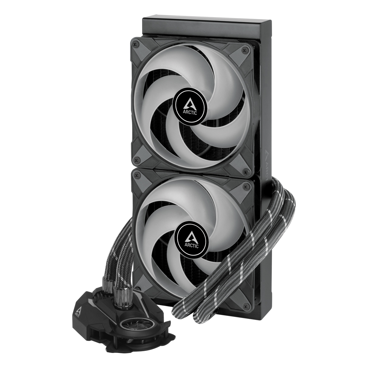 Un sistema di raffreddamento per computer nero e grigio con due ventole e una pompa dell'acqua.