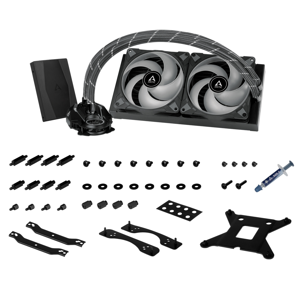 Kit di raffreddamento a liquido per computer nero con ventola, tubi e accessori su sfondo bianco.