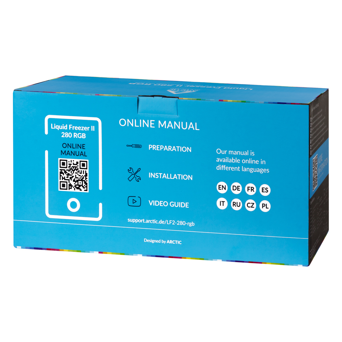 Scatola con istruzioni. Il testo sulla scatola dice "Liquid Freezer II 280 RGB" e "Manuale online".
