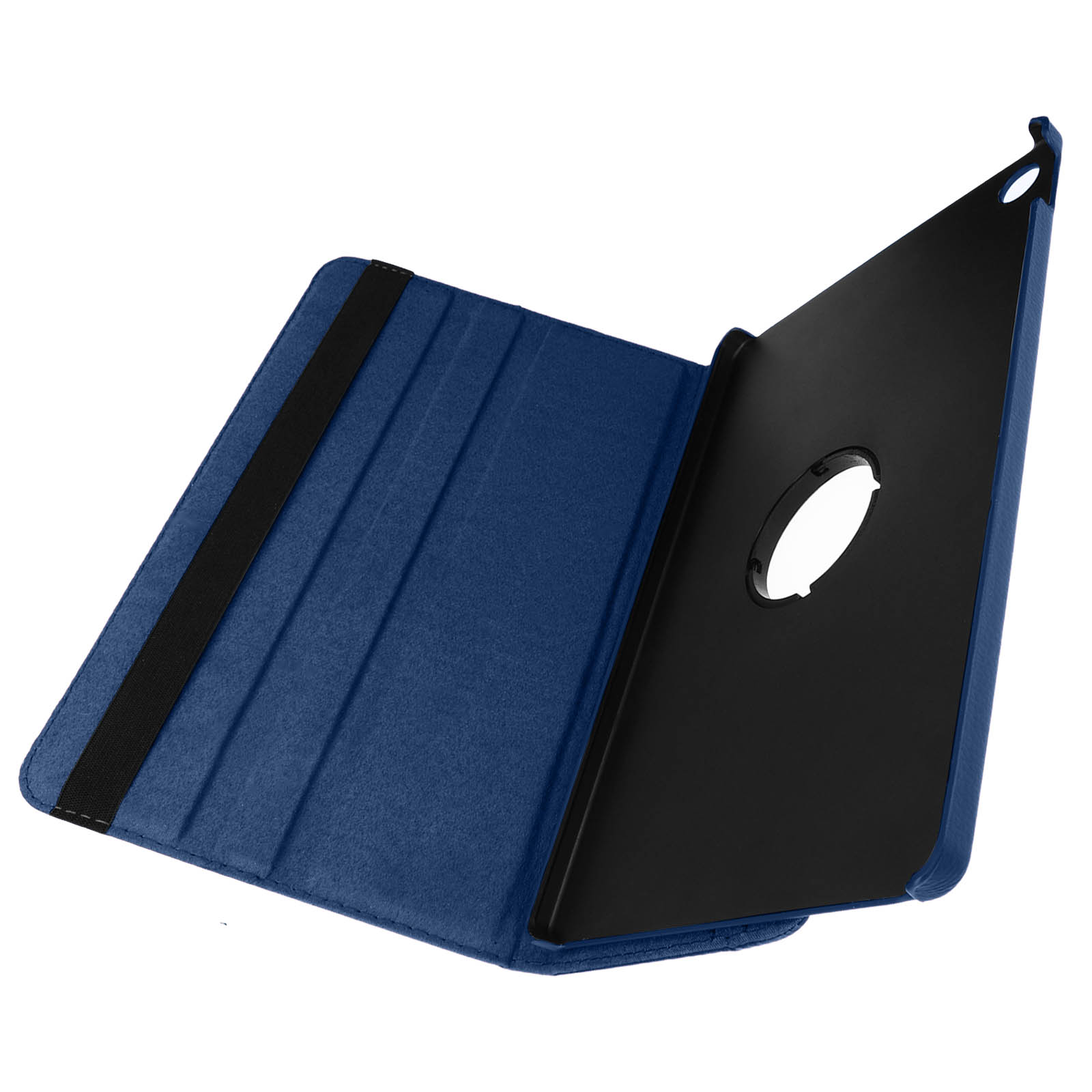 Custodia per tablet blu, aperta, con un tablet nero all'interno e un cinturino elastico nero.