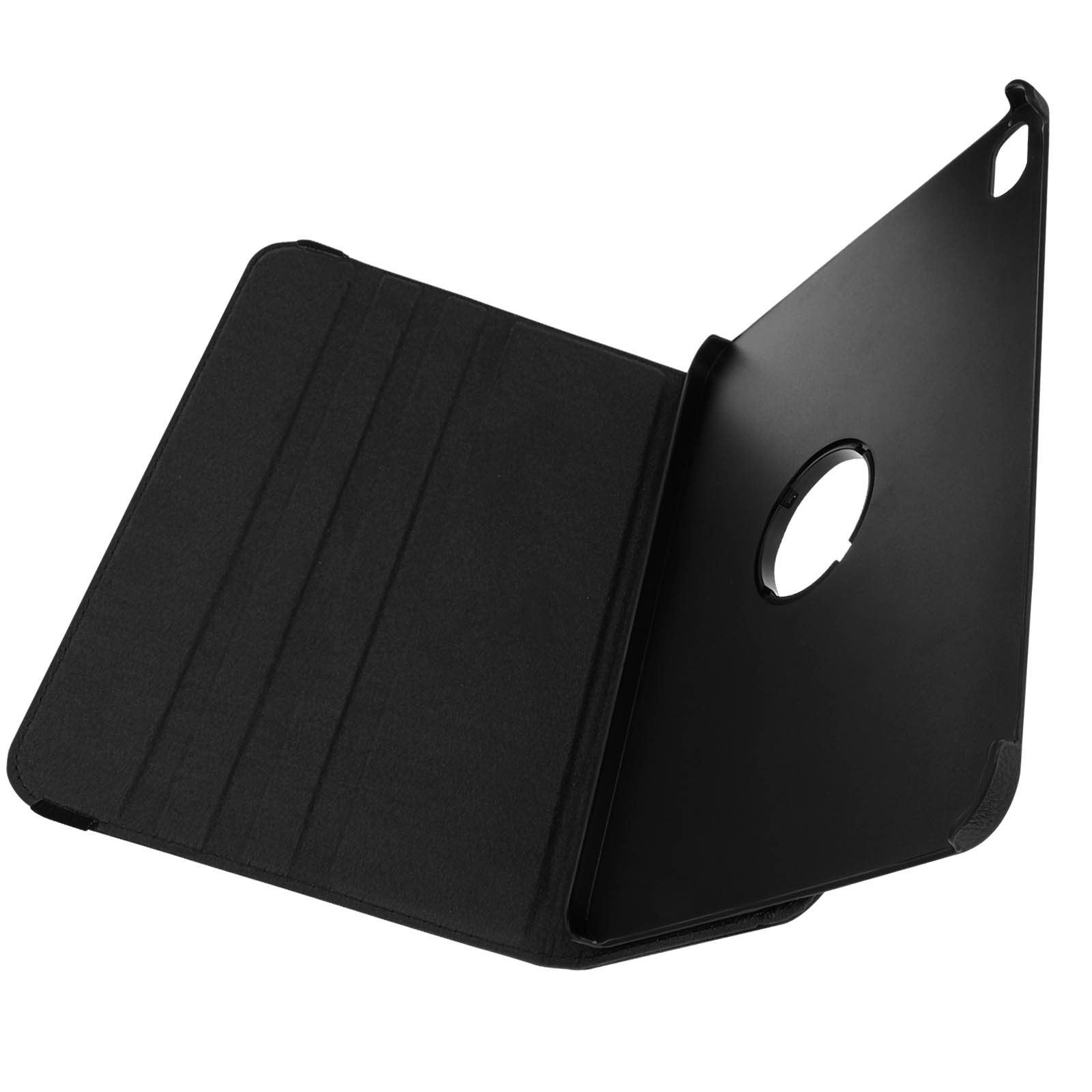 Custodia nera per tablet, aperta. La custodia ha un ritaglio per la fotocamera. Sfondo bianco.