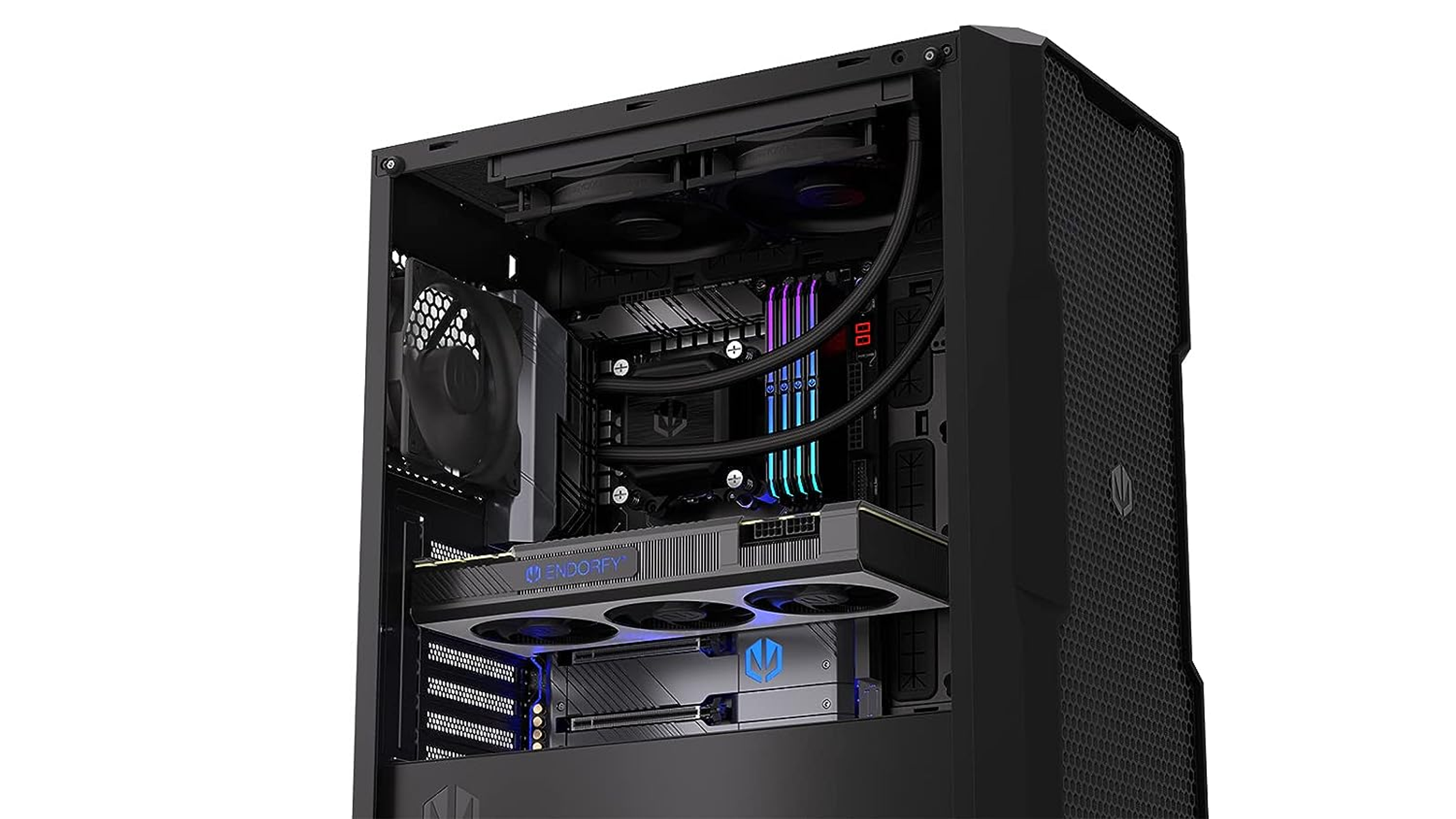Otwarta obudowa komputera, widoczne komponenty. Czarna, z wentylatorami i światłami.
