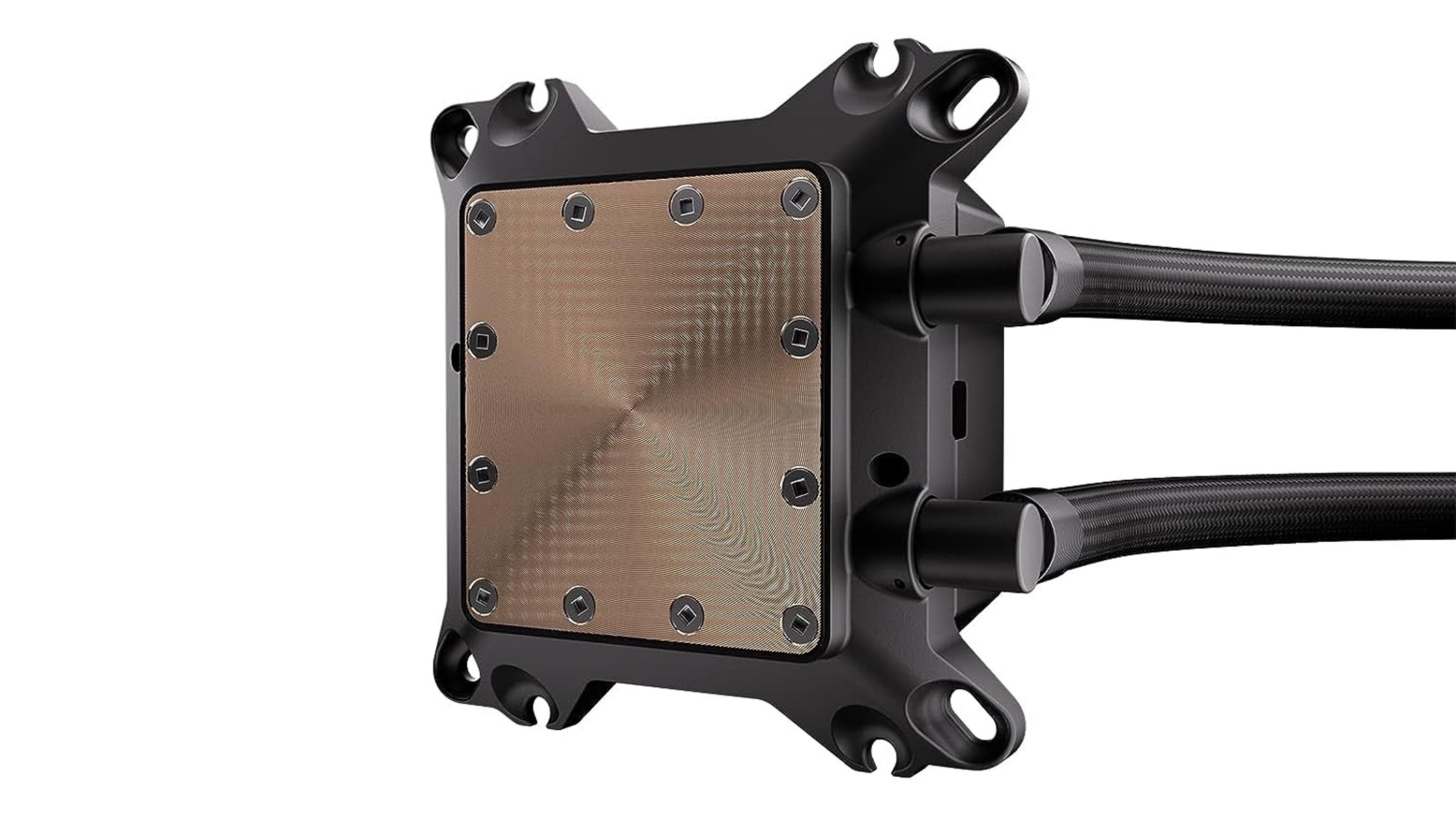 Pokazano chłodzenie cieczą do komputera. Jest czarne ze środkiem w kolorze miedzi. Ma dwie rury.