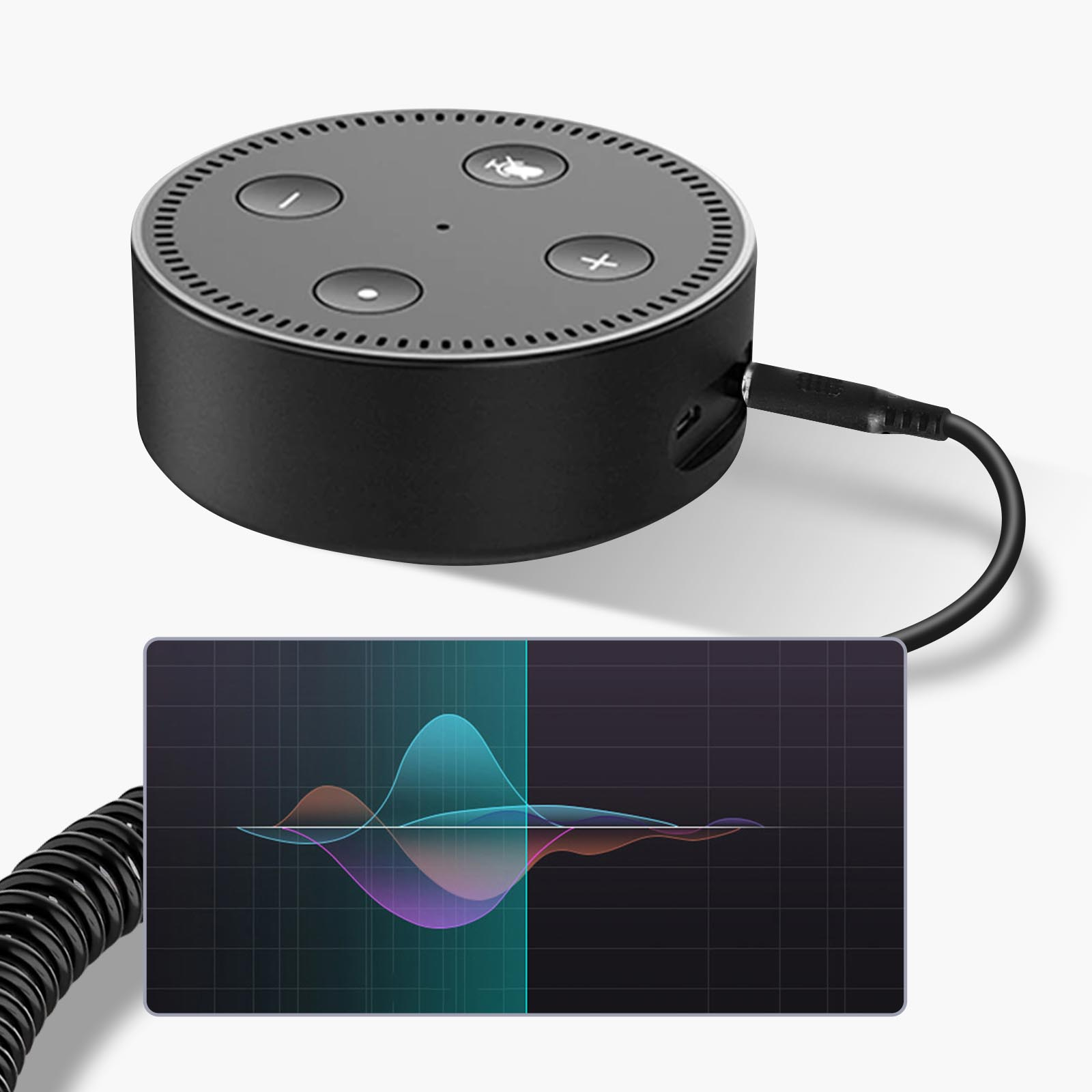 Altavoz inteligente negro con cable y gráfico de onda de sonido. Fondo blanco.