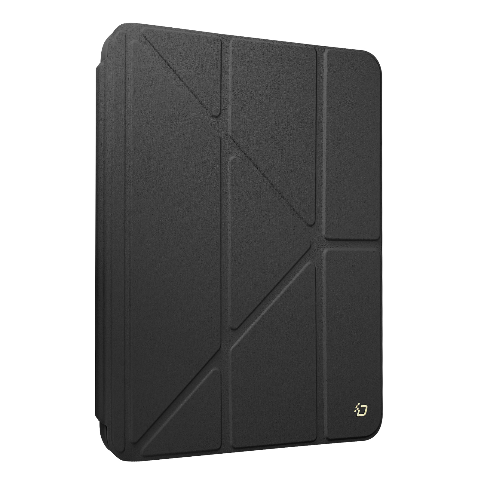 Schwarze Tablet-Hülle, gefaltet, diagonale Linien auf der Abdeckung.