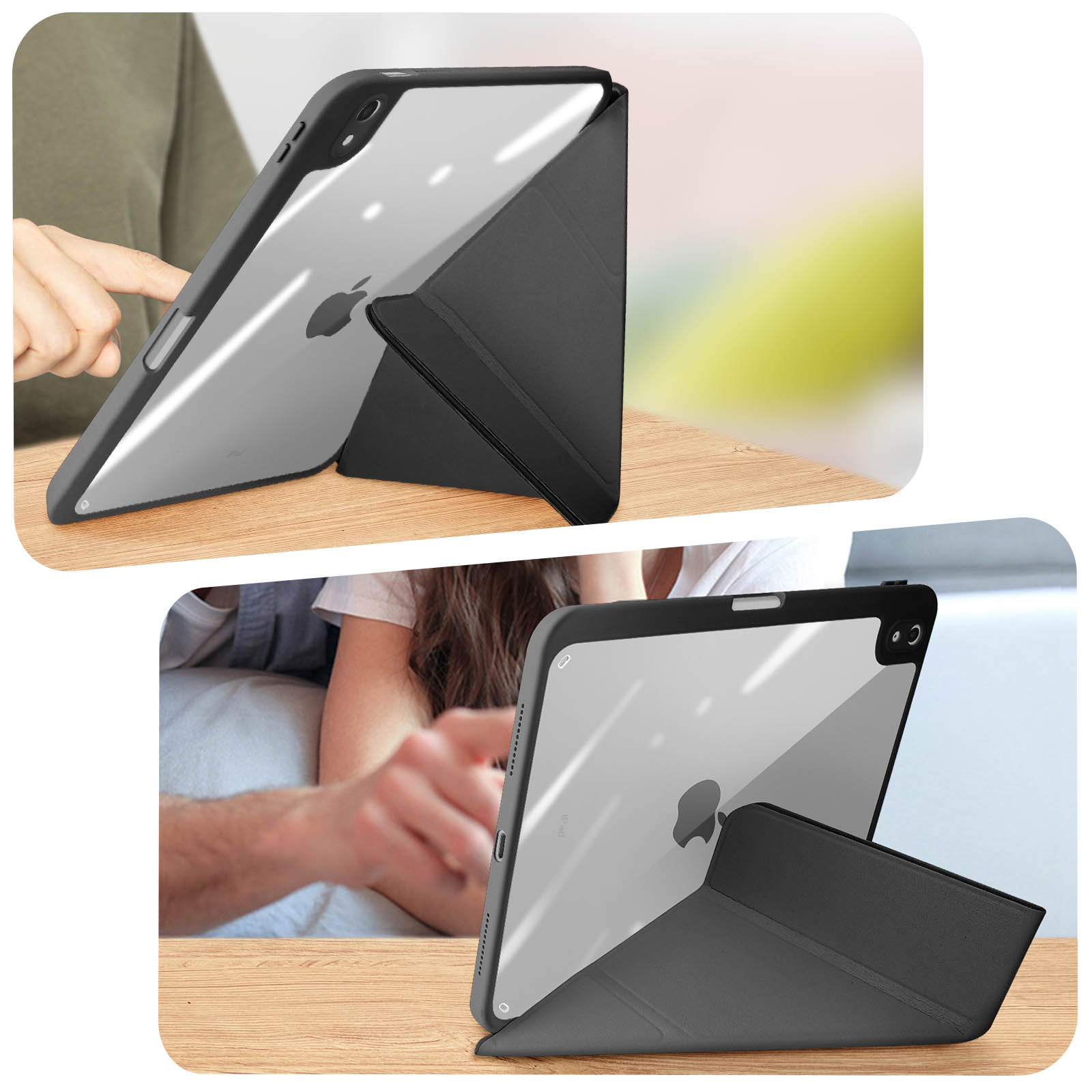 Zwei Bilder eines Tablets in einer schwarzen Hülle, eines offen und eines geschlossen, auf Holz.