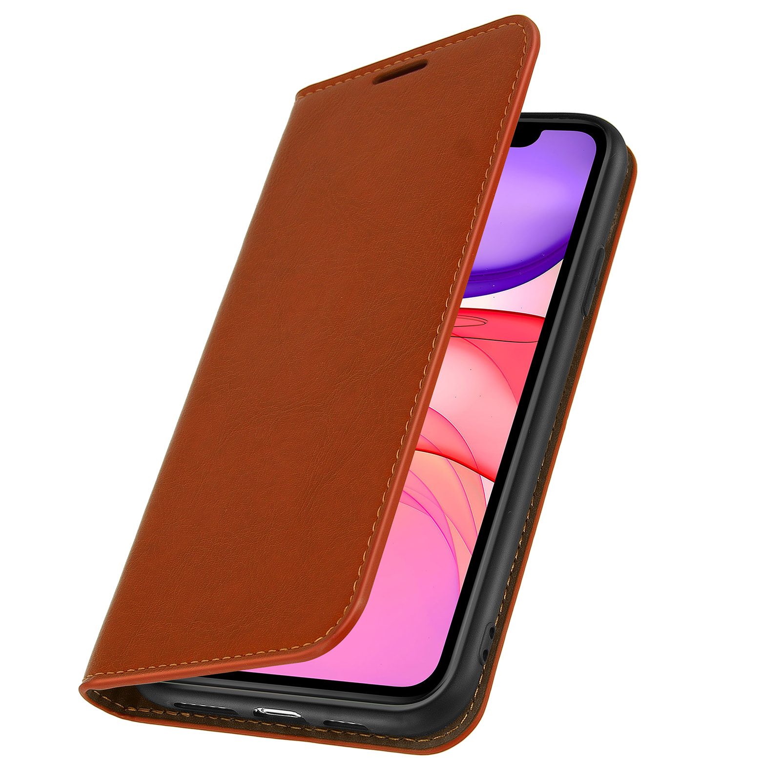 Un étui de téléphone marron avec un téléphone à l'intérieur. L'étui est partiellement ouvert.
