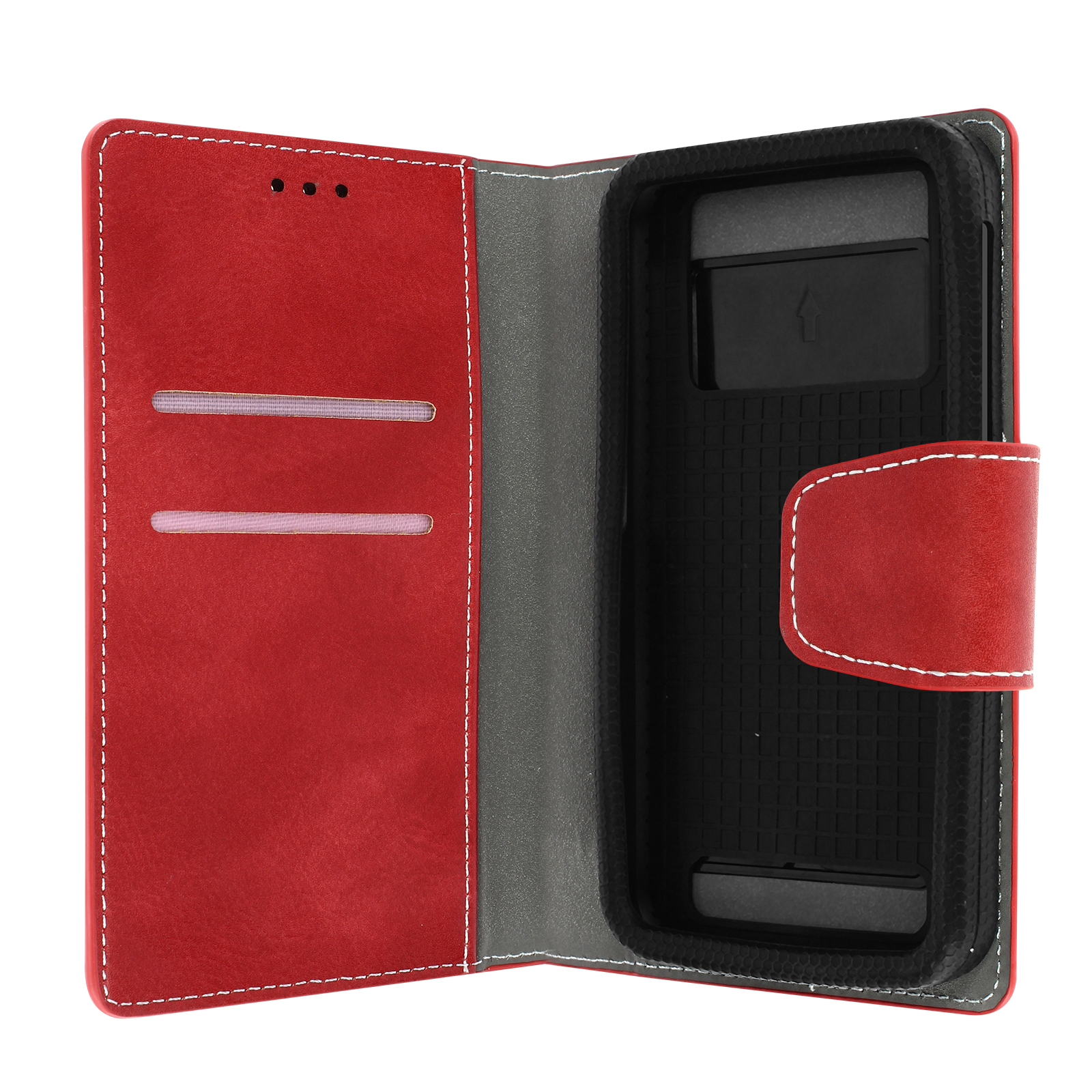 Rote und graue Handyhülle offen, mit Kartenfächern und Handyhalter.