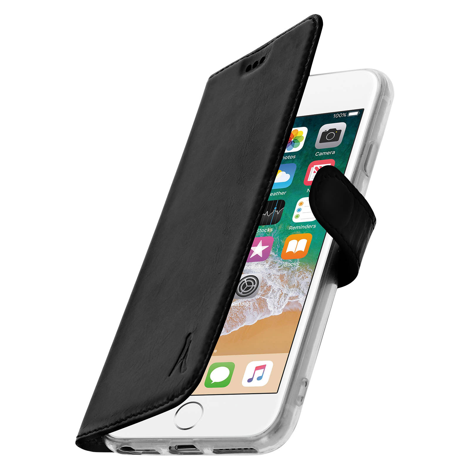 Custodia per telefono in pelle nera con patta aperta che rivela un telefono bianco e app.