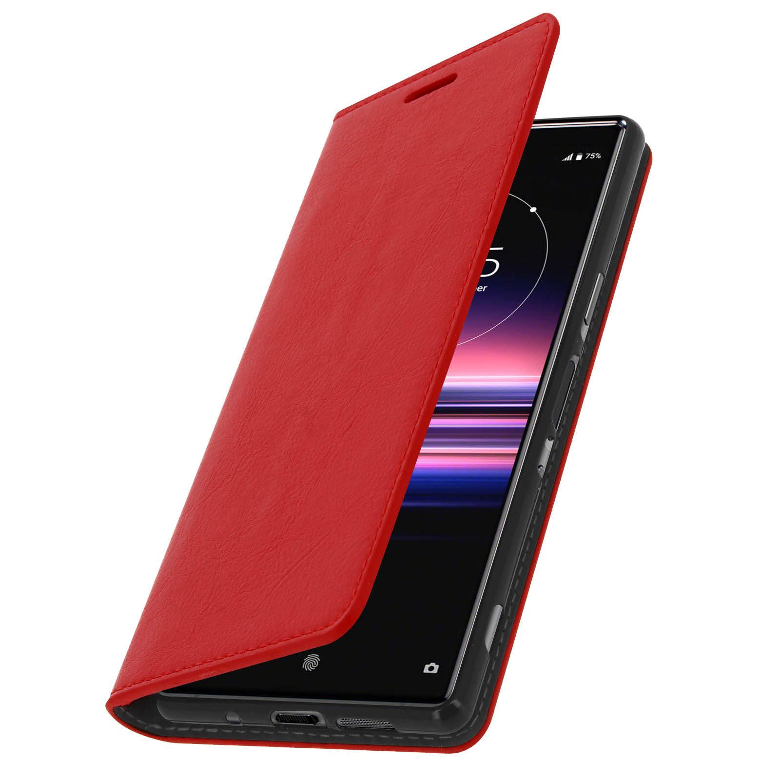 Custodia rossa del telefono su uno smartphone nero, aperto, ad angolo.