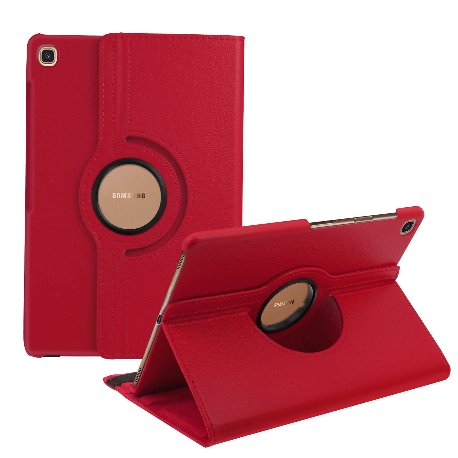 Custodia rossa per tablet, aperta, con tablet. Con supporto rotante. Sfondo bianco.