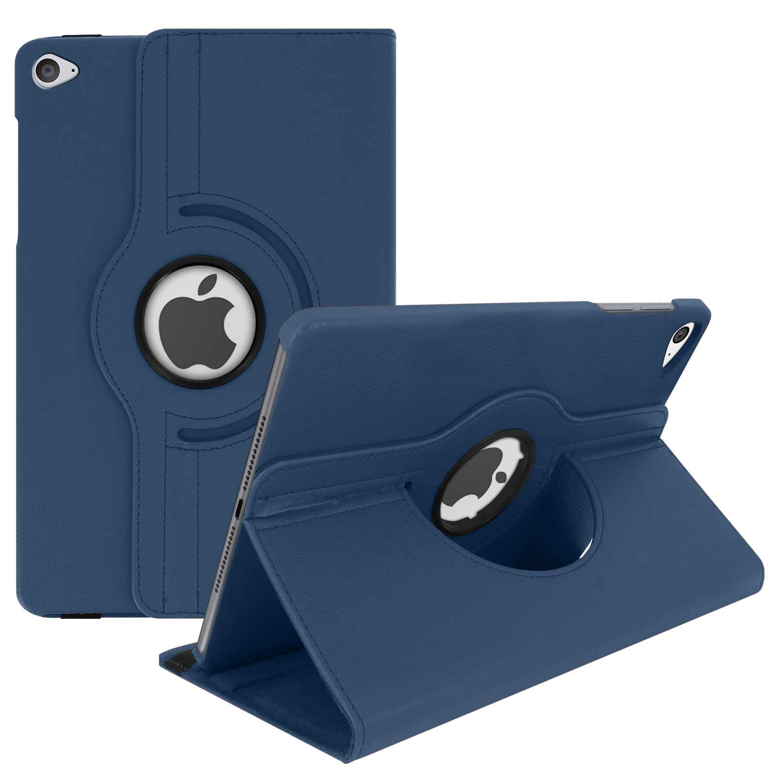 Custodia iPad blu in due posizioni. Chiusa, aperta, con logo Apple visibile.