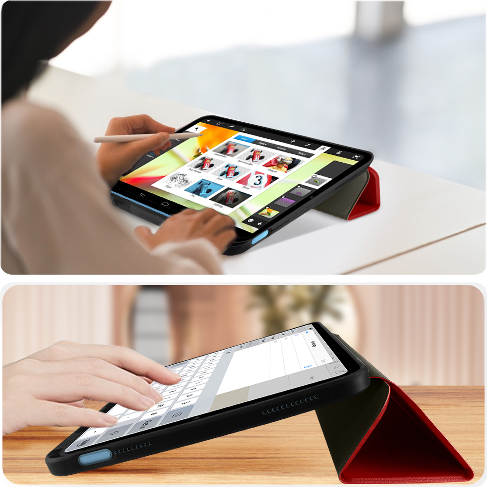 Tablet in uso con custodia. Un'altra vista con tastiera.