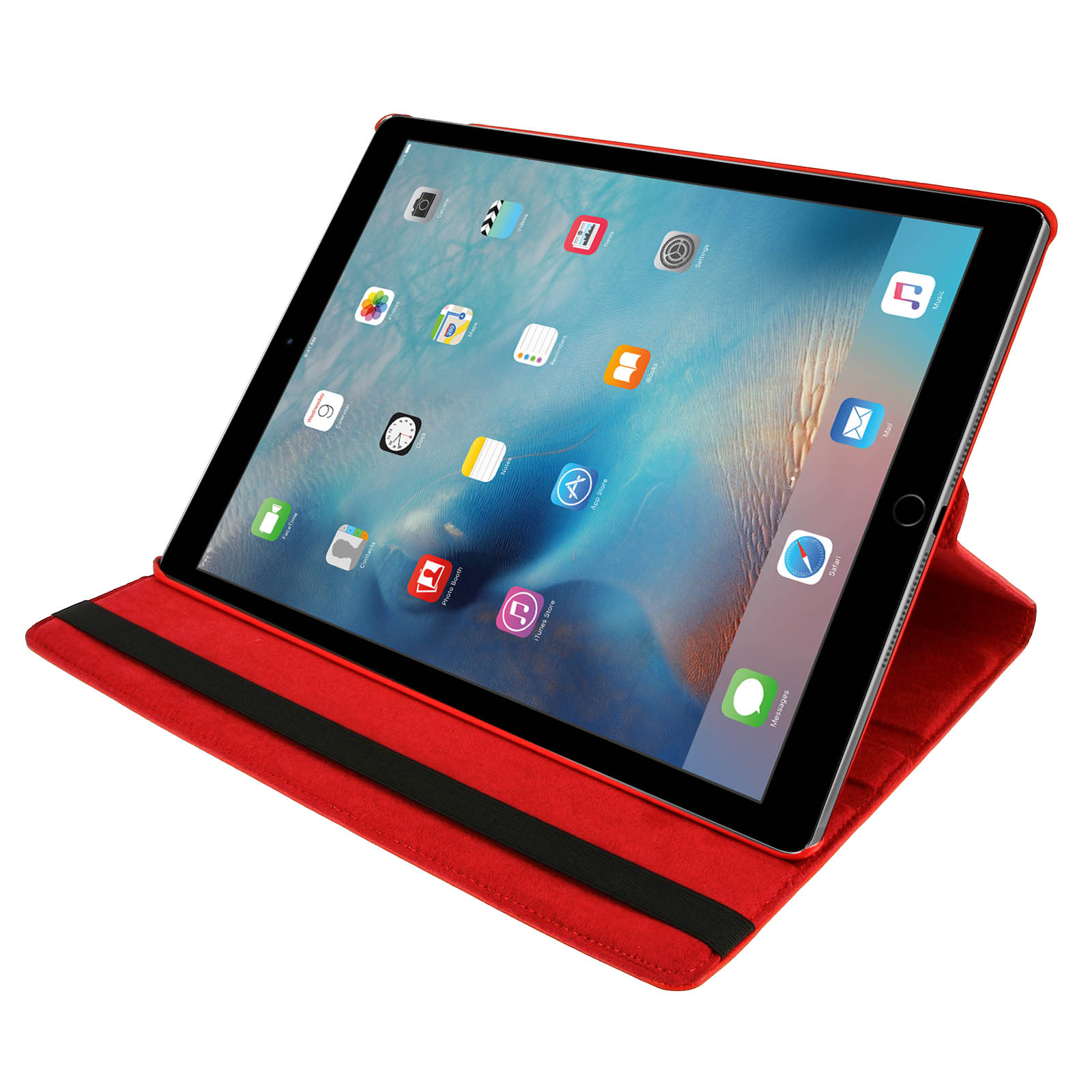 Una custodia per tablet rossa, con il tablet aperto e lo schermo che mostra le app.