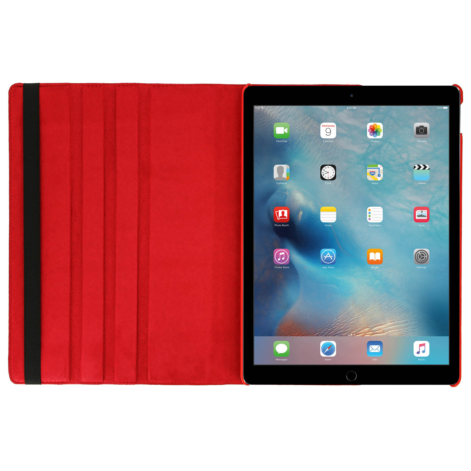 Custodia iPad rossa, aperta, mostra iPad con icone delle app sullo schermo.