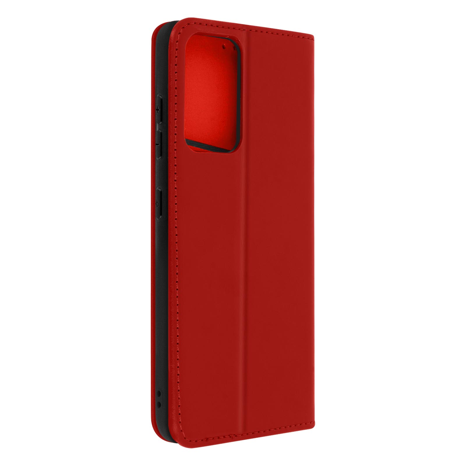 Custodia rossa per telefono, chiusa e piegata, vista laterale, bordi neri.