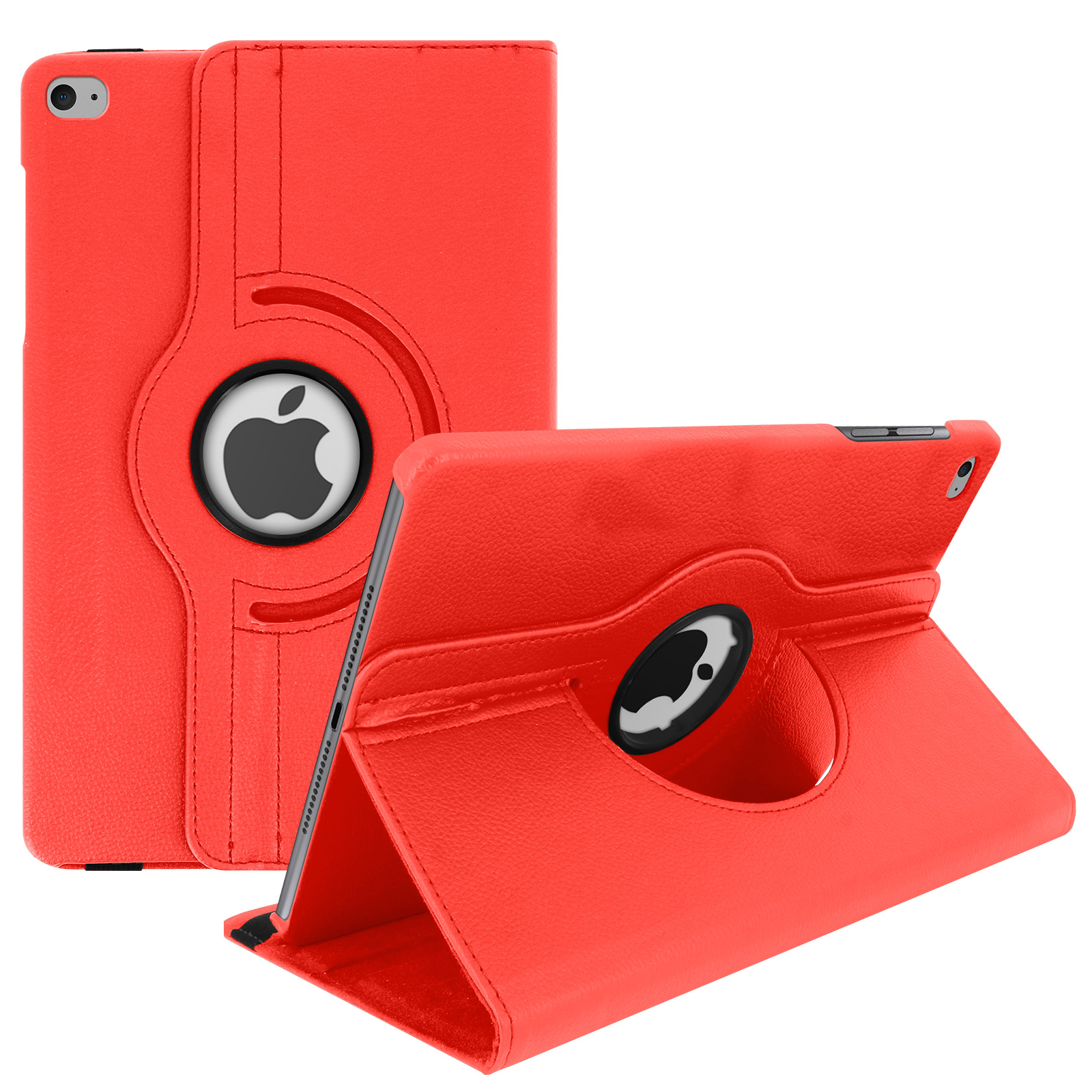 Custodia iPad rossa, logo Apple. Una aperta, una chiusa. Entrambe mostrano la stessa texture pelle.