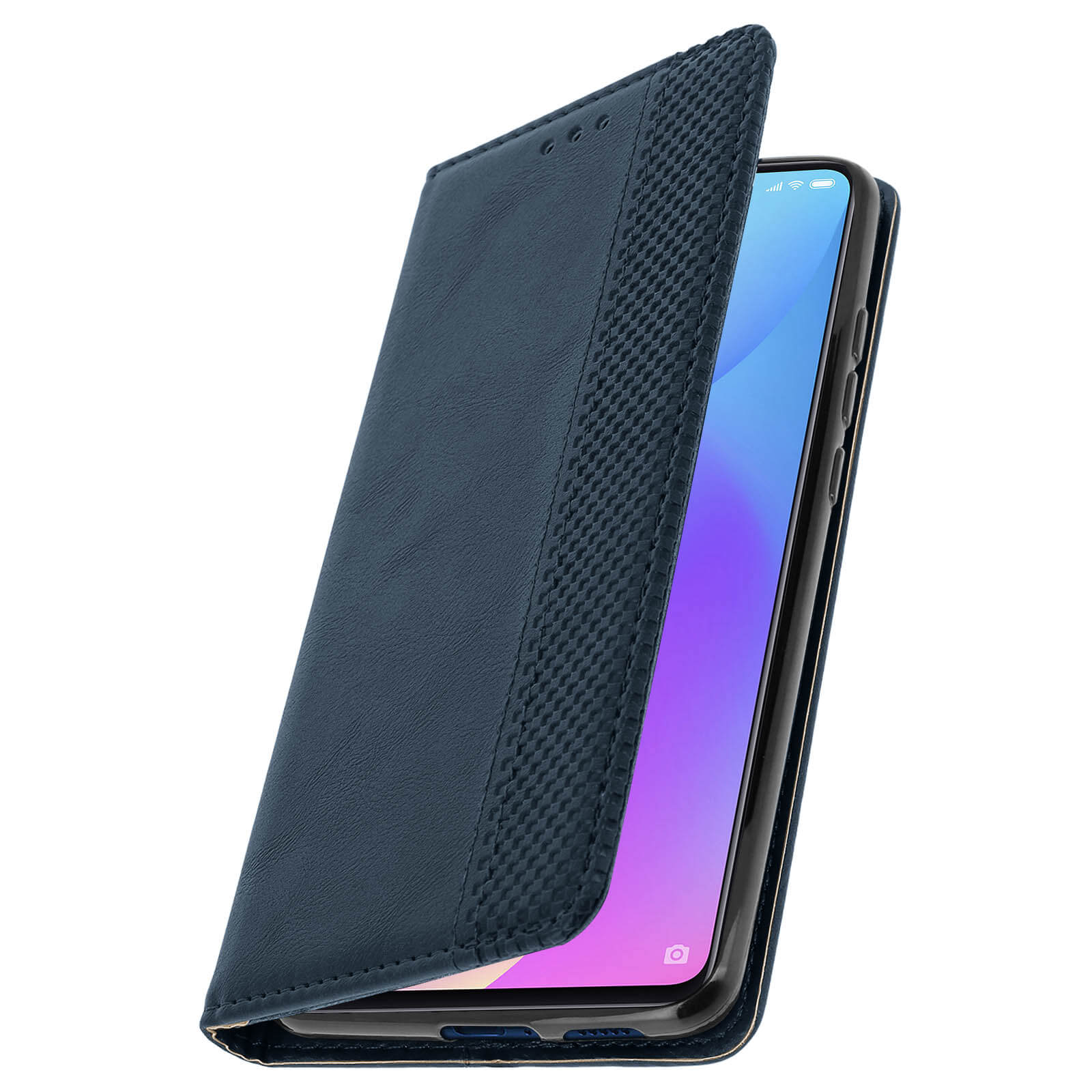 Custodia blu per telefono con design a portafoglio, aperta per rivelare uno smartphone.