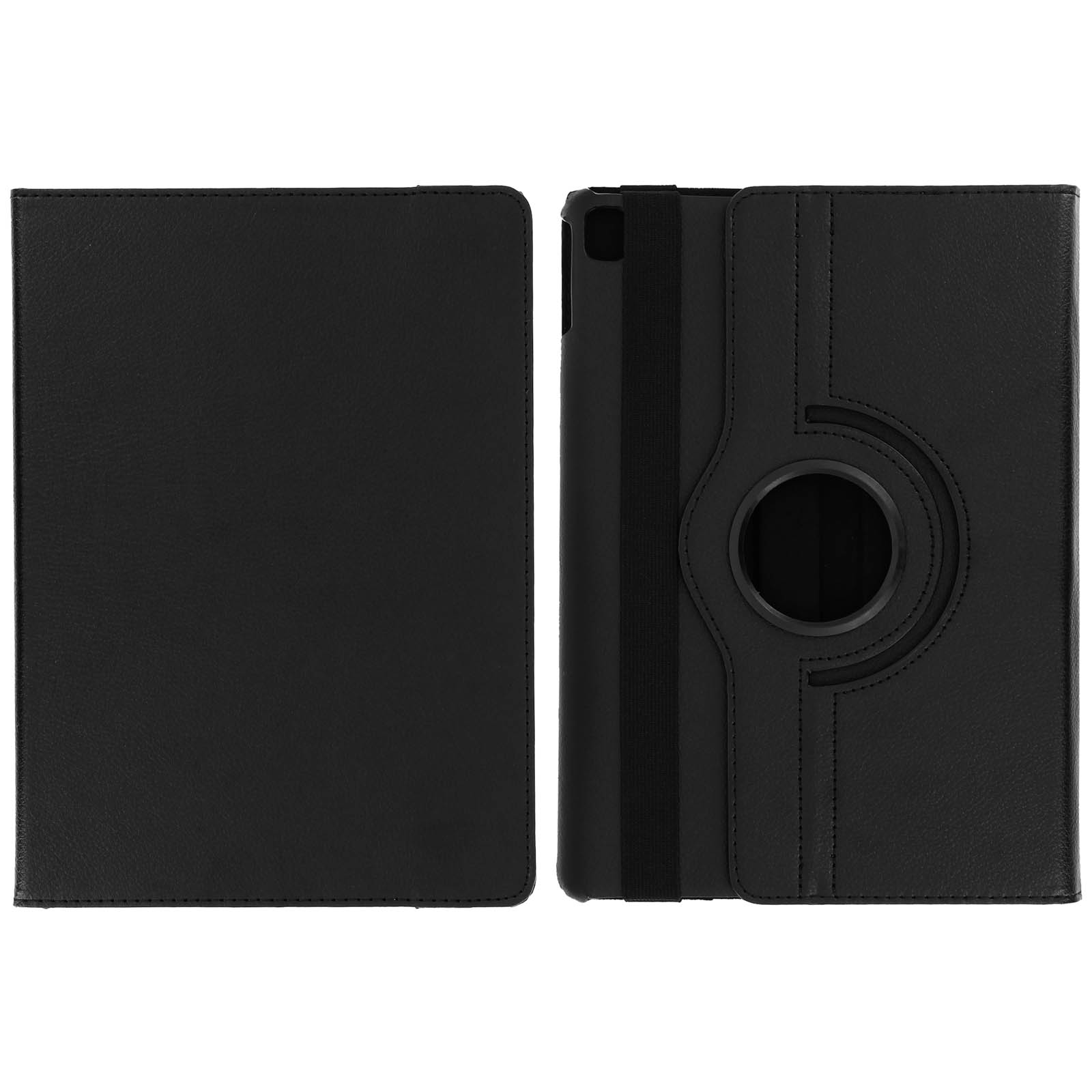 Étui de tablette noir ouvert et fermé. L'étui ouvert montre un support rotatif.