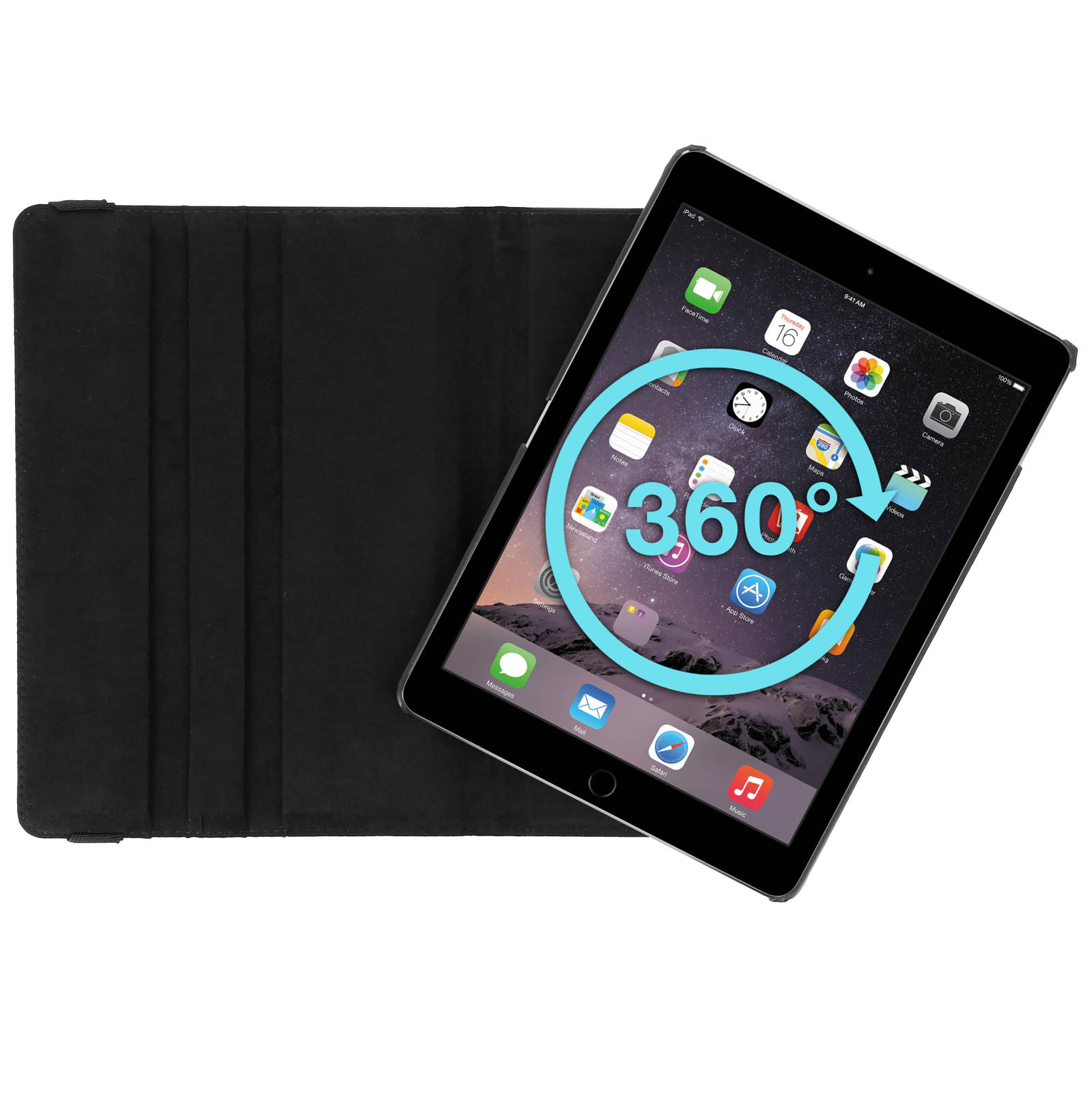 Tablet nero con icona dello schermo rotante e custodia aperta. Sfondo bianco.