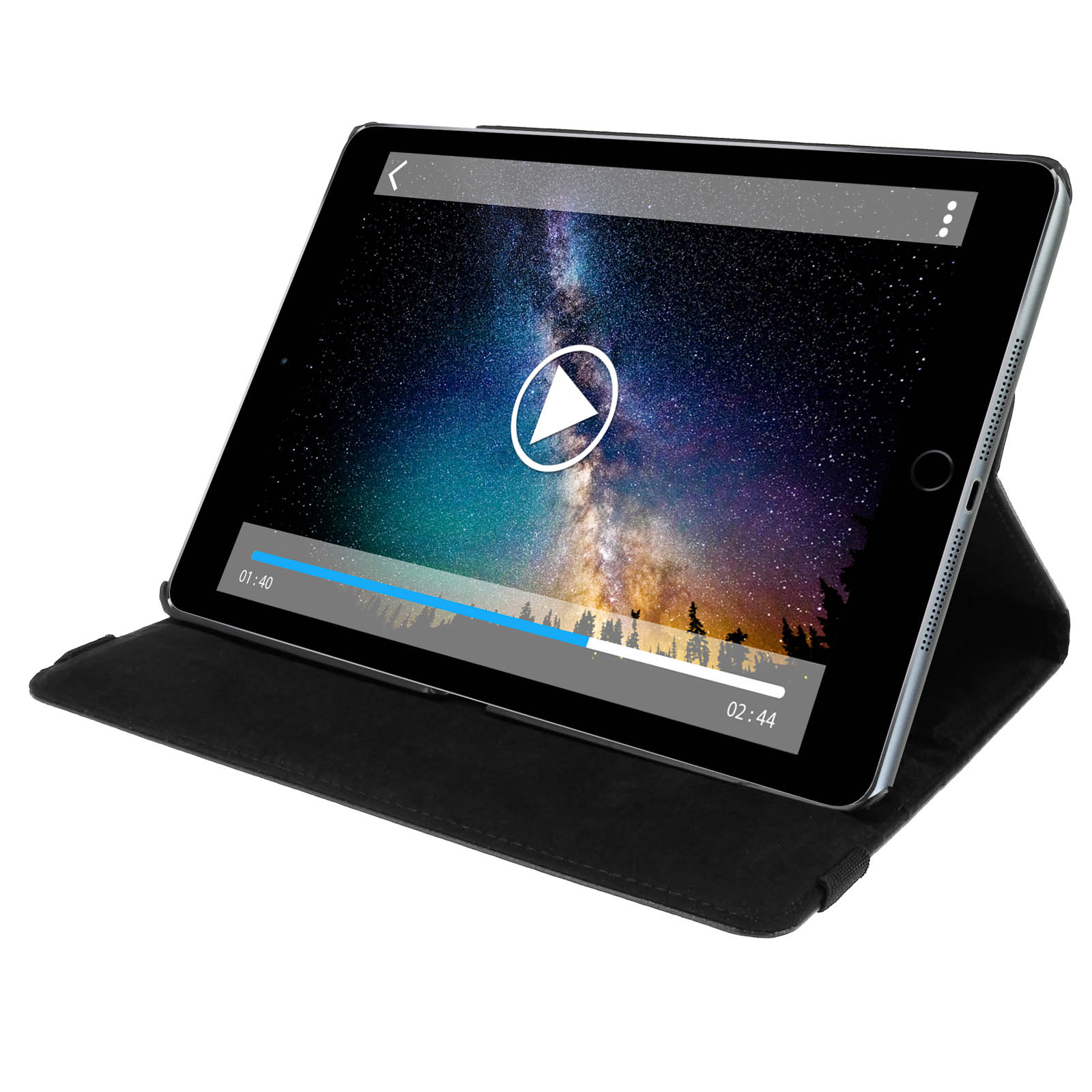 Une tablette affichant une vidéo avec un bouton de lecture. L'étui est noir.