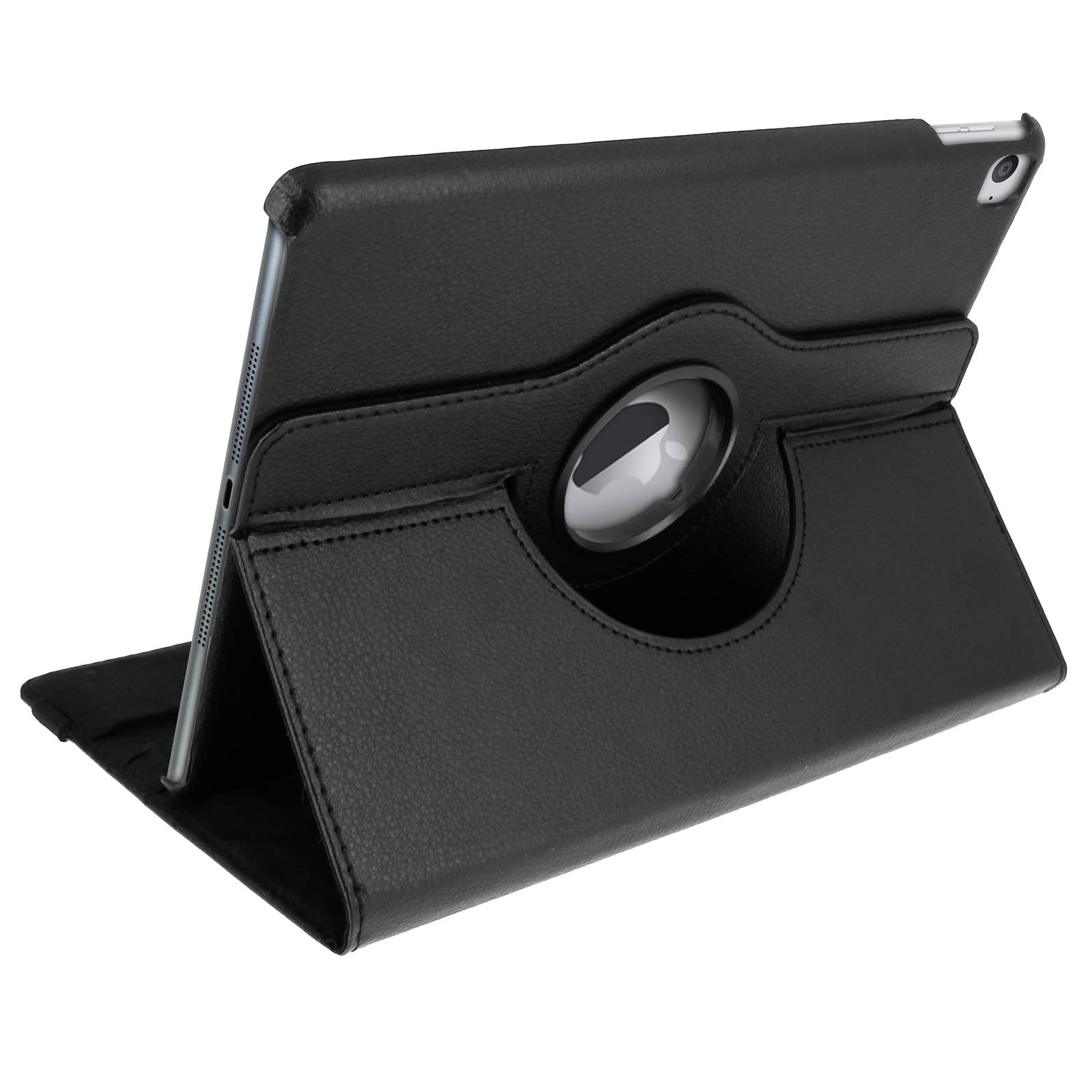 Custodia nera per tablet, aperta e in piedi, che mostra un tablet. Con anello rotante, sfondo bianco.