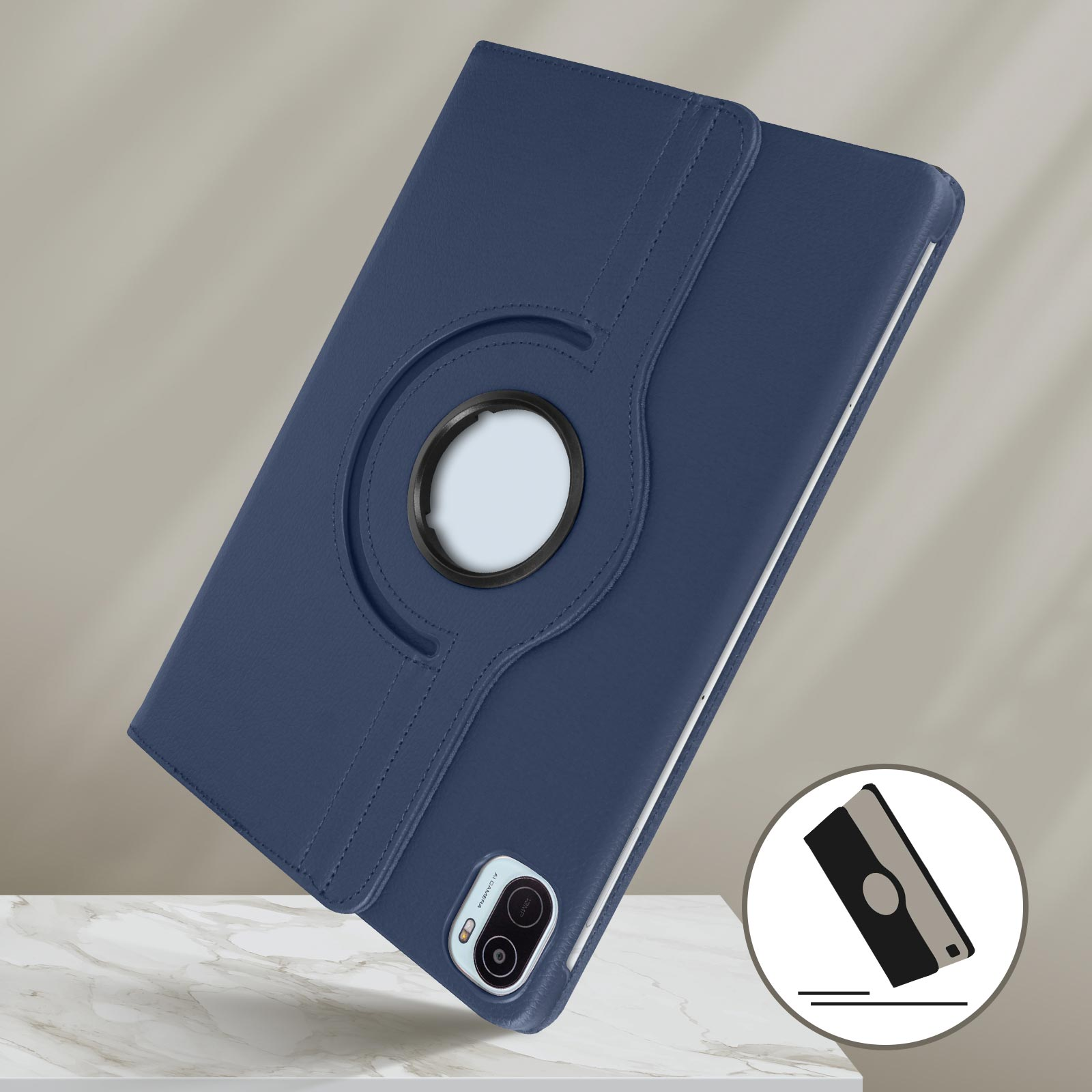 Custodia blu per tablet con supporto ad anello rotante e foro per fotocamera, con ombra.