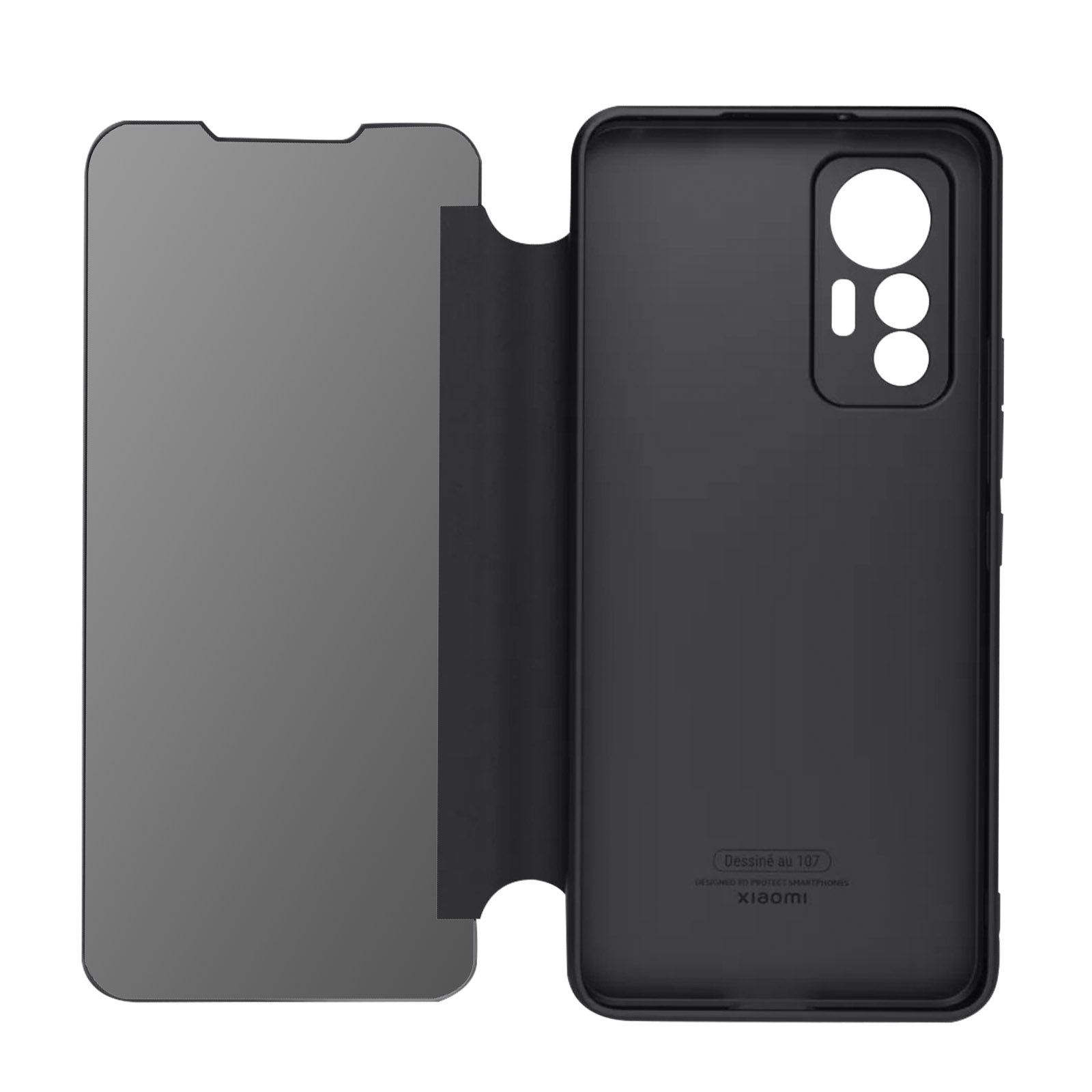 Schwarze Handyhülle, geöffnet, um die Innenseite zu zeigen. Die Hülle ist für ein Xiaomi-Telefon.