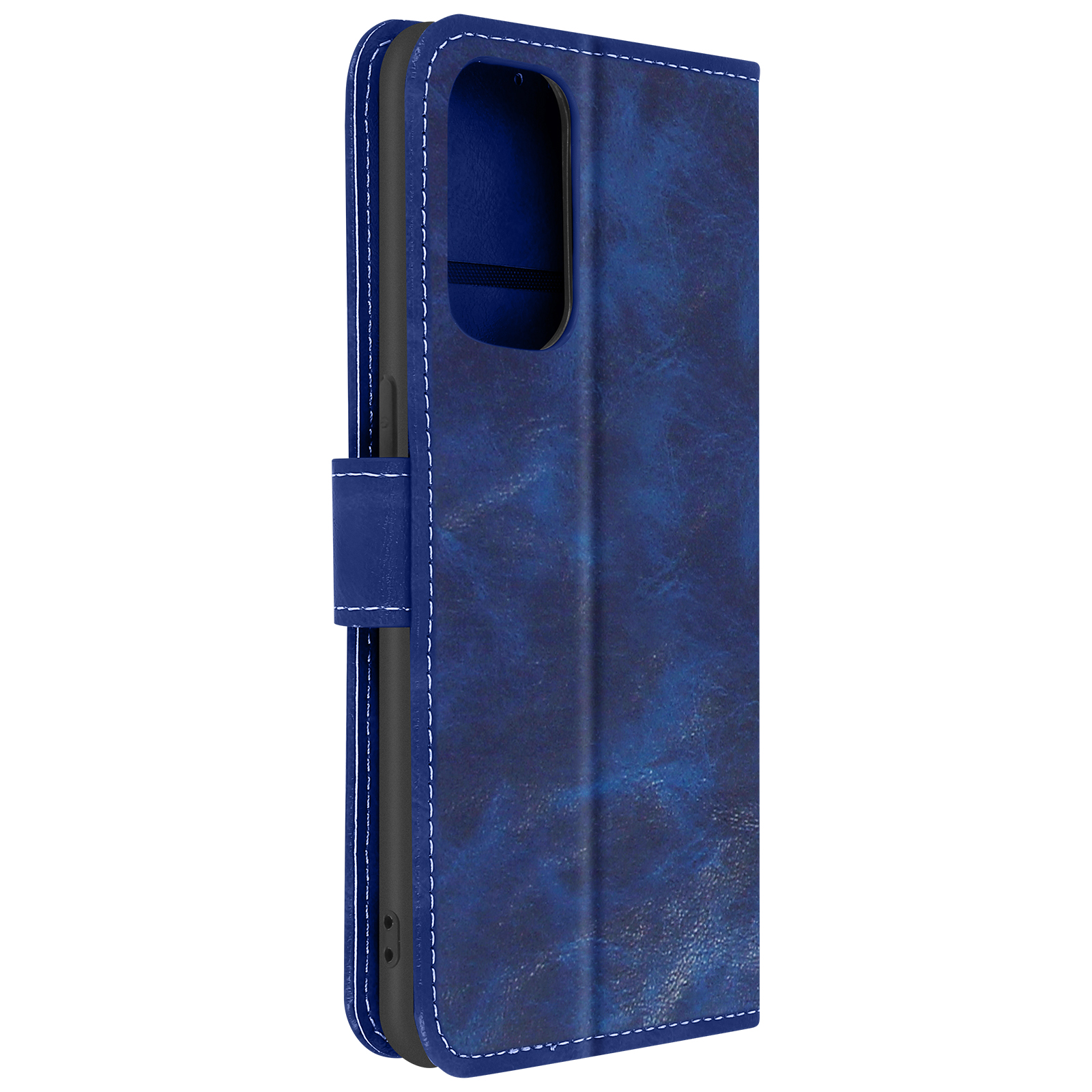 Étui de téléphone en cuir bleu avec surpiqûres blanches. Fermé avec une fermeture magnétique.