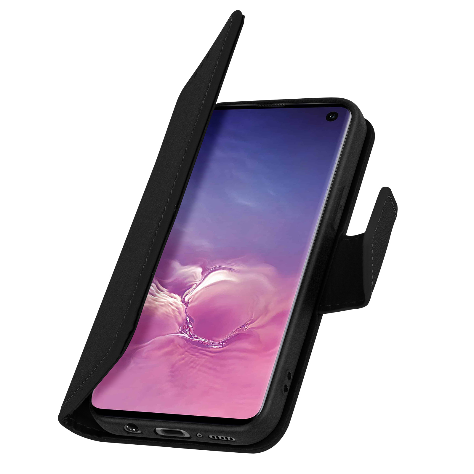 Zwarte telefoonhoes met een open klep, die een telefoon met een blauw scherm onthult.