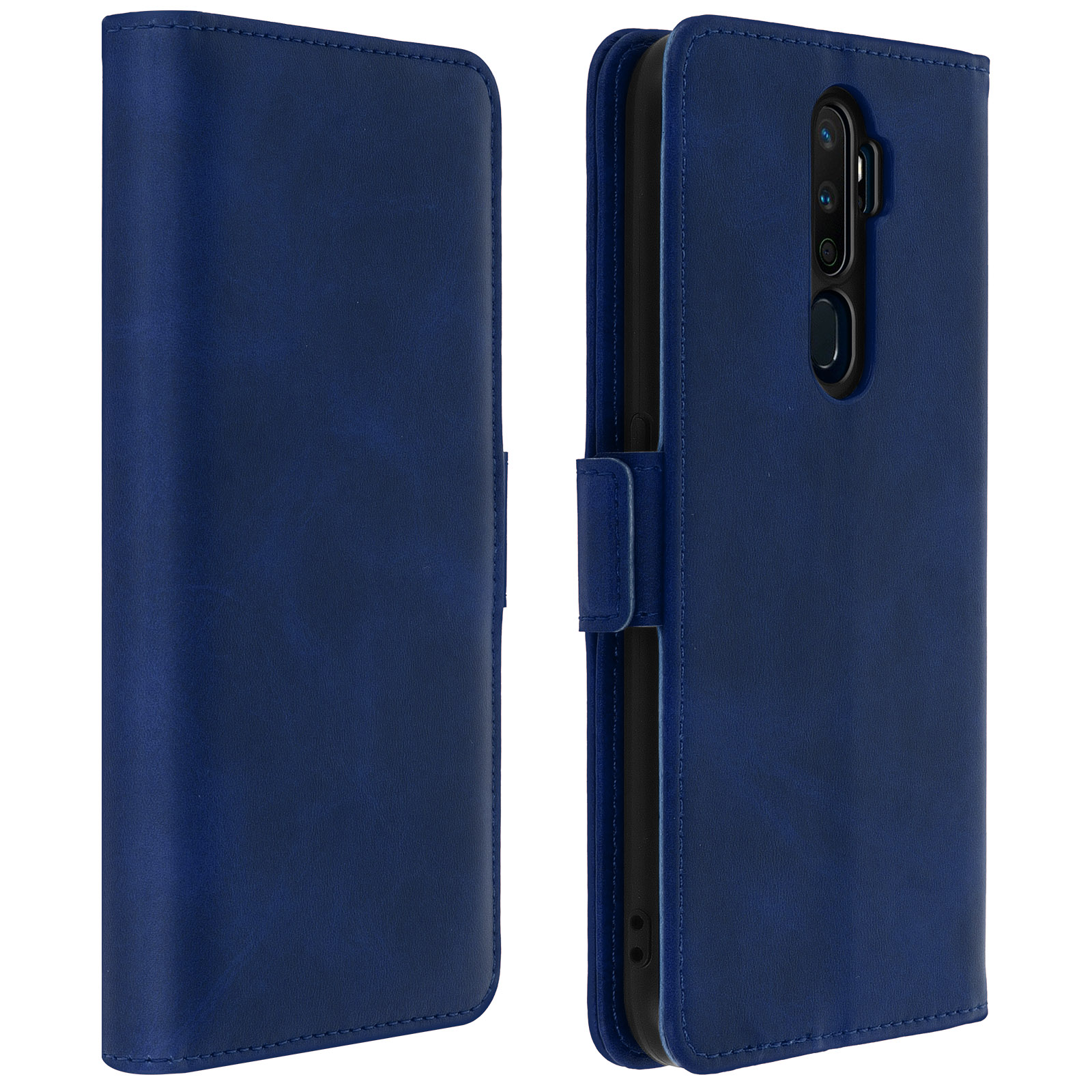 Coque de téléphone bleue, avant et arrière. L'avant est ouvert avec un téléphone. Fond blanc.
