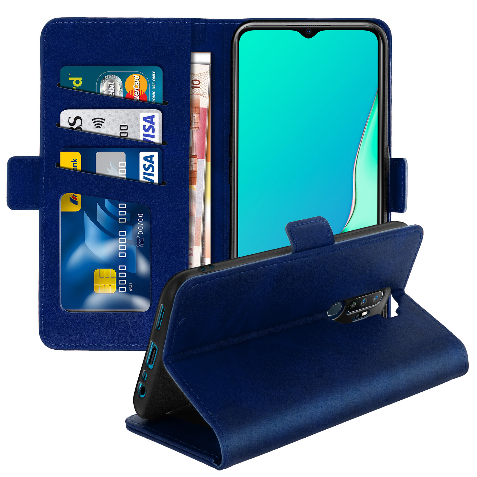 Étui portefeuille bleu avec cartes et argent. Le téléphone est à droite.