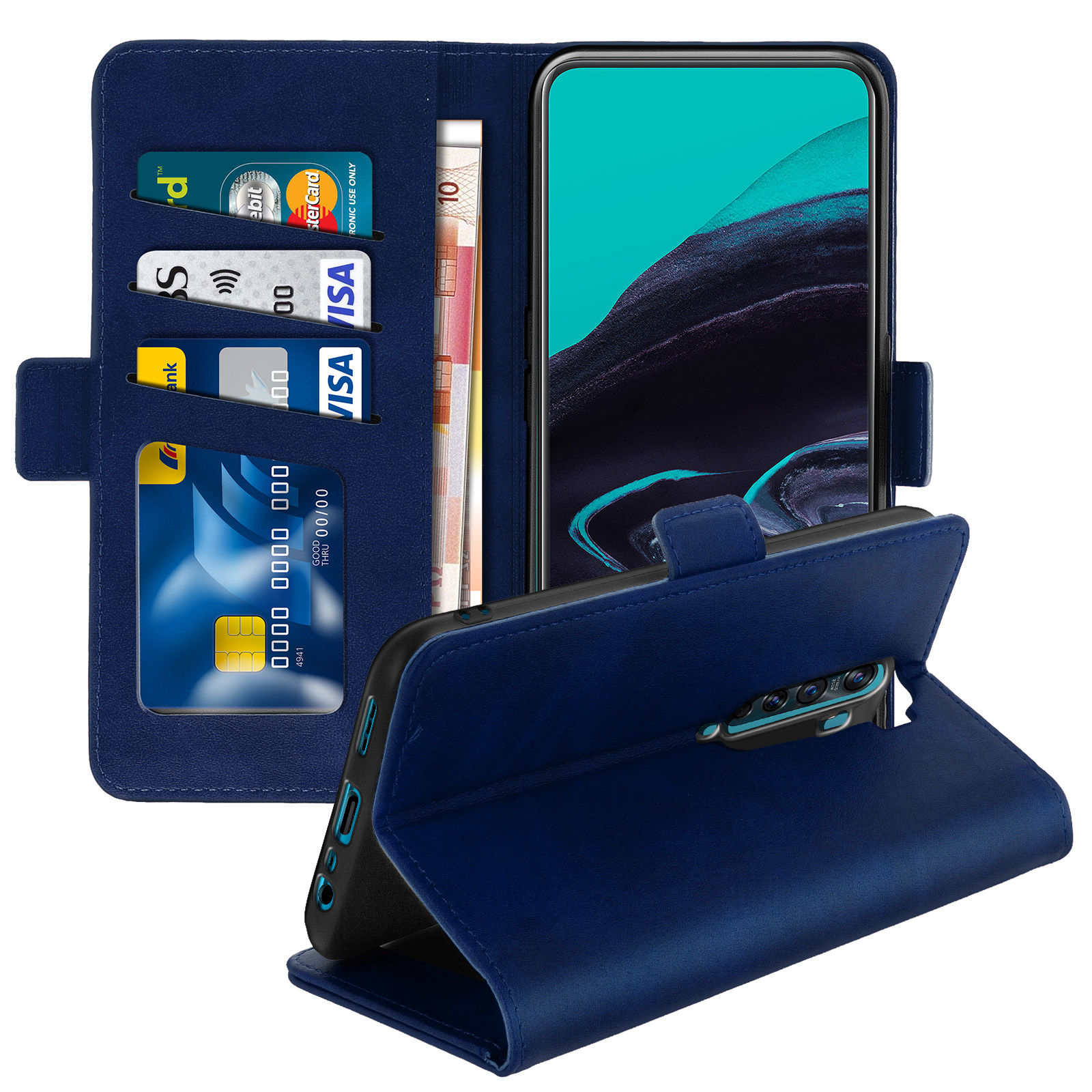 Étui portefeuille bleu pour téléphone avec cartes et argent. Ouvert, montrant le téléphone.