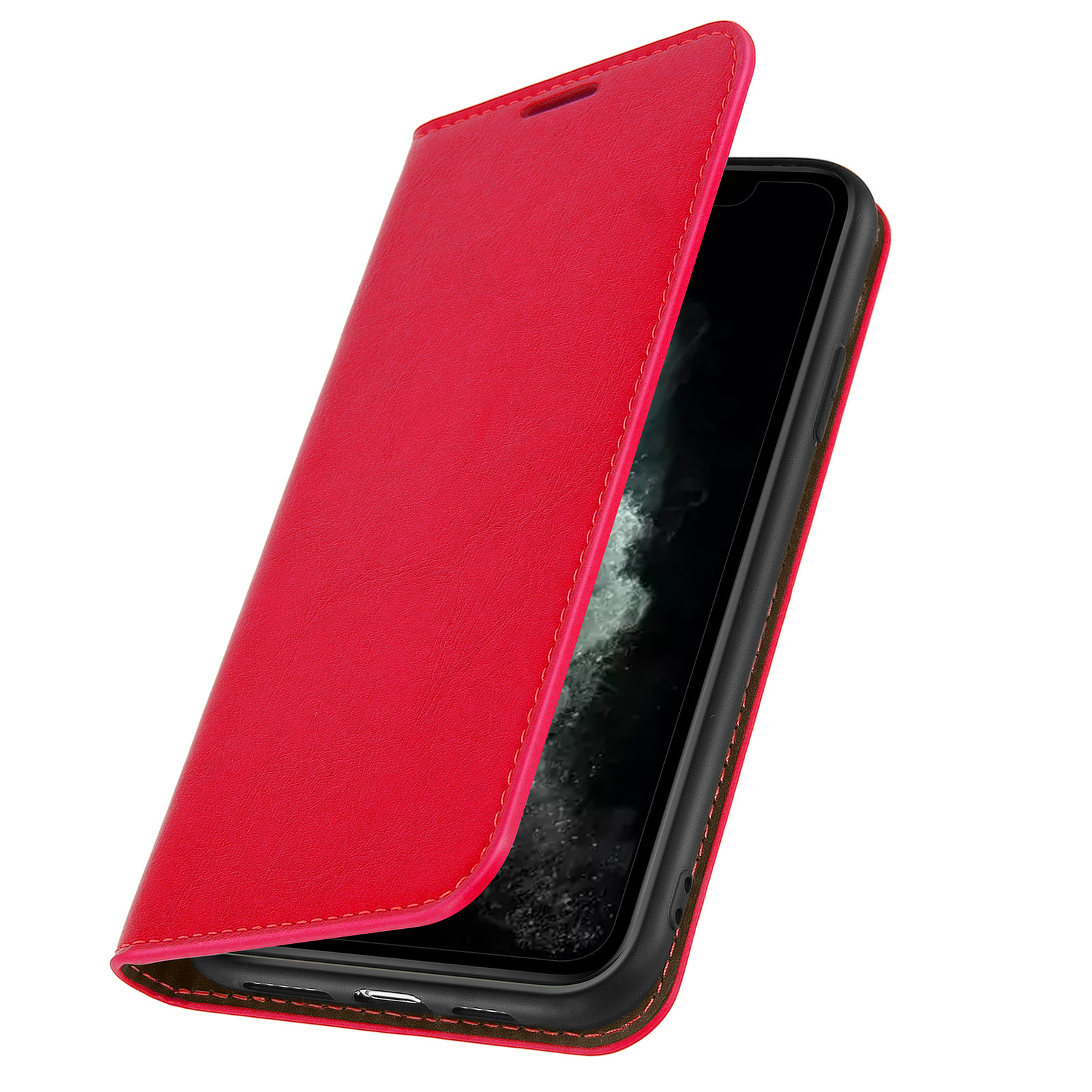 Una custodia rossa per telefono aperta, rivelando un telefono nero. Cuciture marroni.