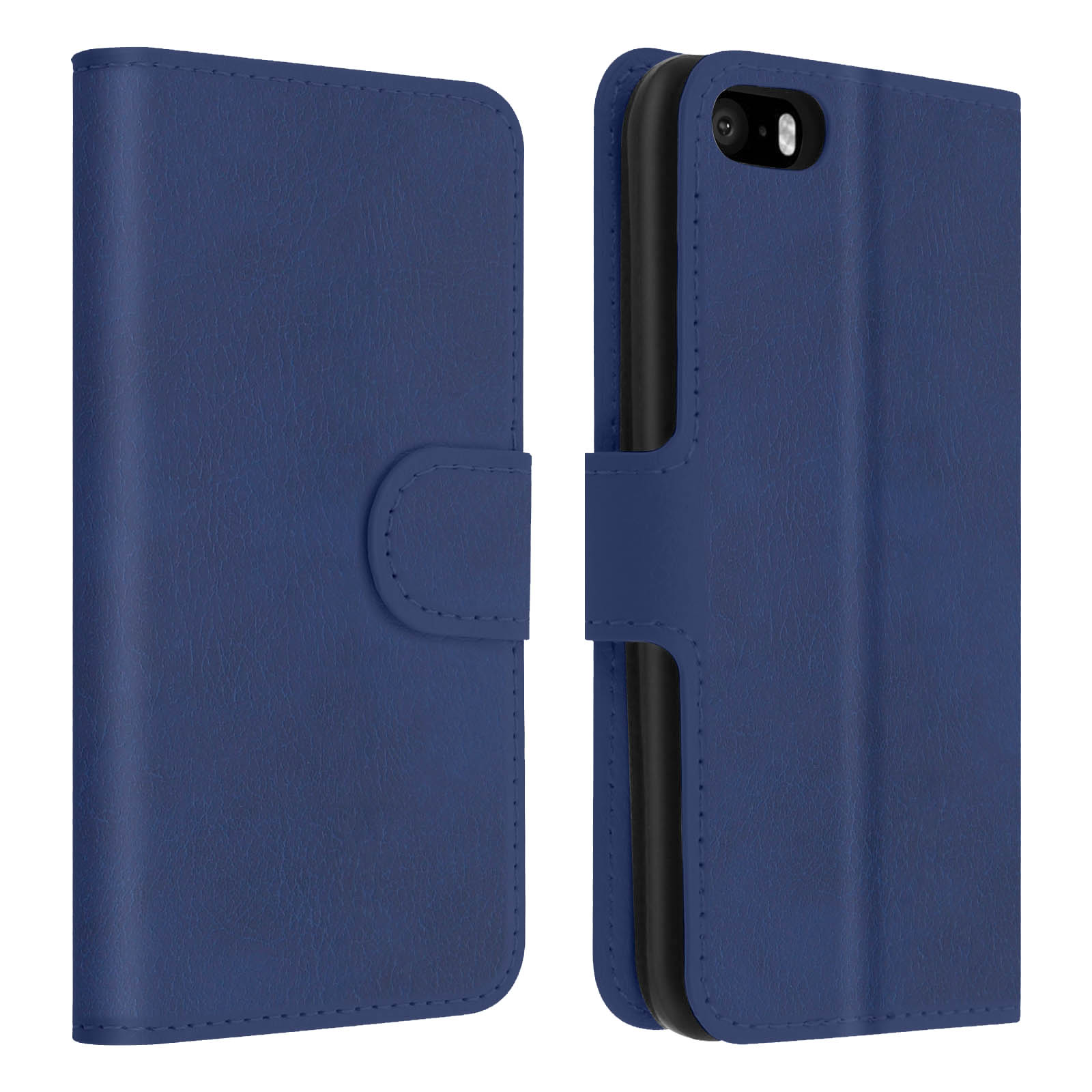 Custodia per telefono in pelle blu, aperta che mostra il telefono all'interno.
